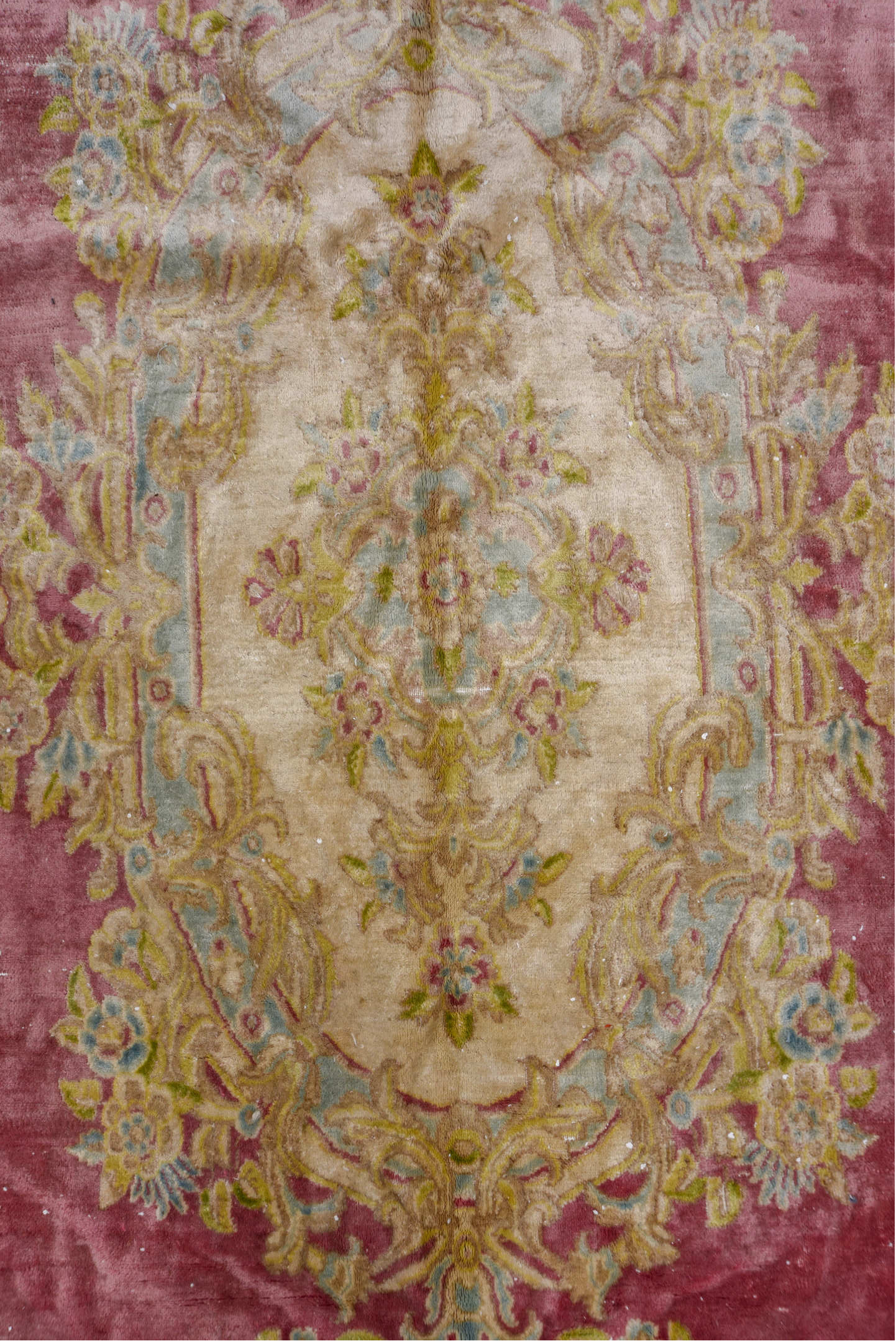 11' x 18' one-of-a-kind handmade vintage Kerman oversize rug. Color palette: rose, ivory, cream, gold, taupe, sage