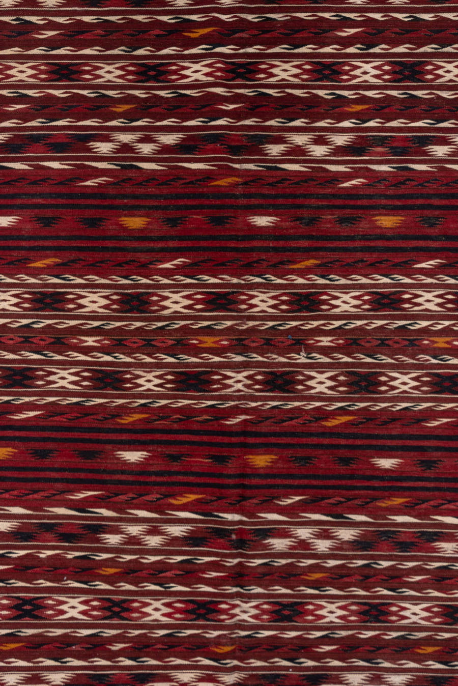4' x 9' one-of-a-kind handmade vintage Kilim runner rug. Color palette: rust, burgundy, ivory, charcoal, gold, mahogany