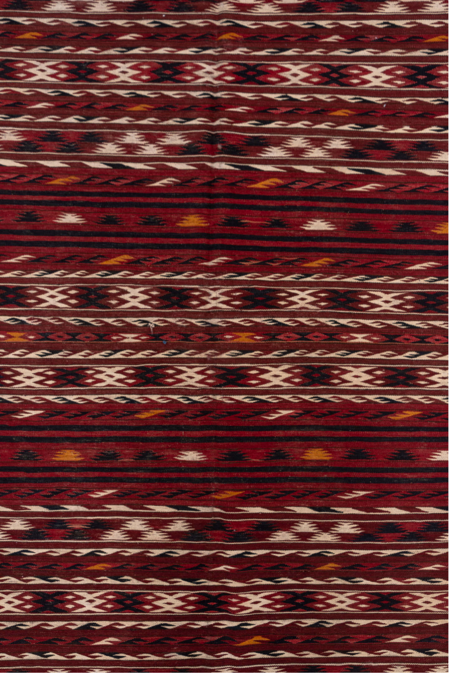 4' x 9' one-of-a-kind handmade vintage Kilim runner rug. Color palette: rust, burgundy, ivory, charcoal, gold, mahogany