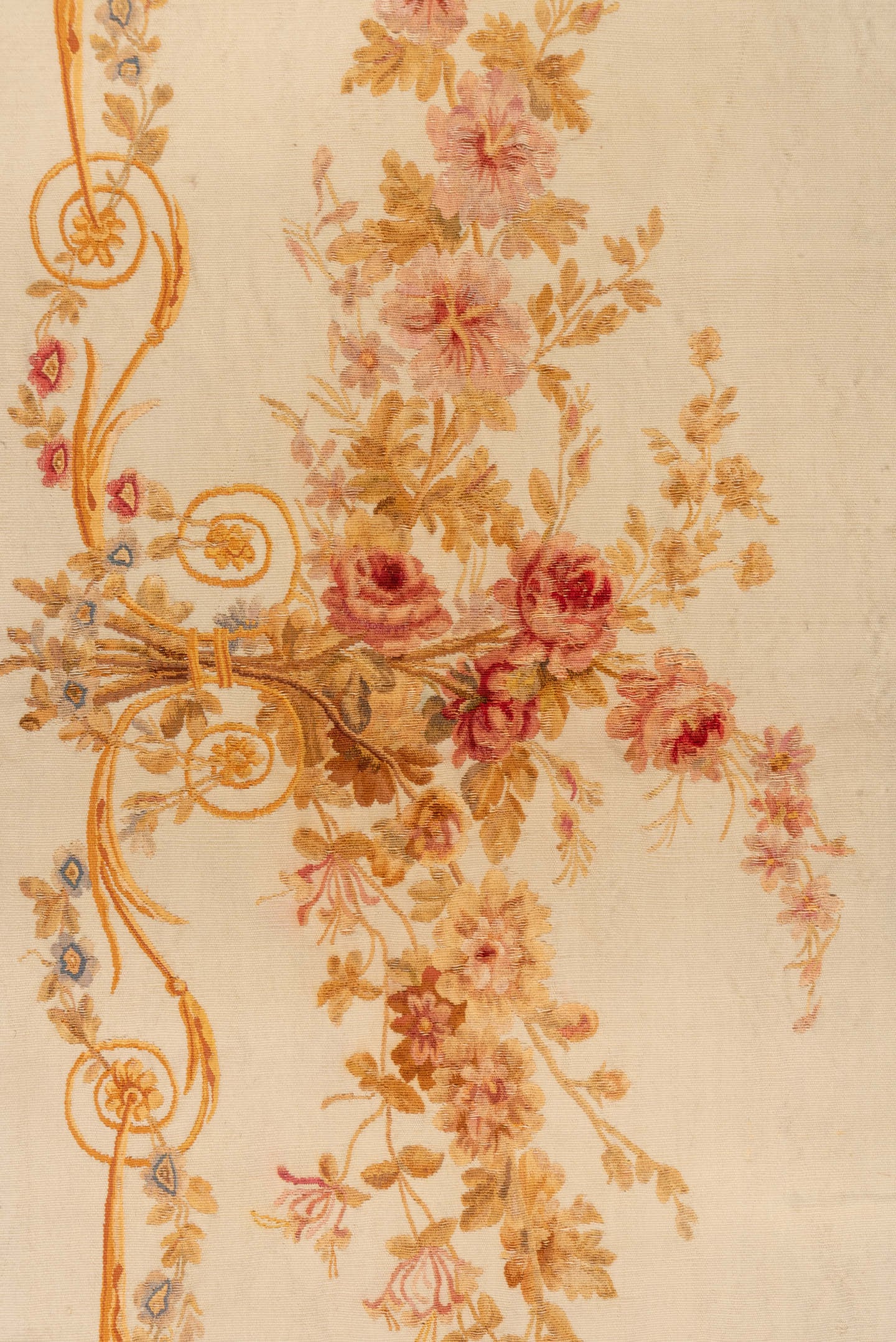 2' x 5' one-of-a-kind handmade vintage Aubusson small size rug. Color palette: ivory, gold, cream, rose, taupe, pale_blue
