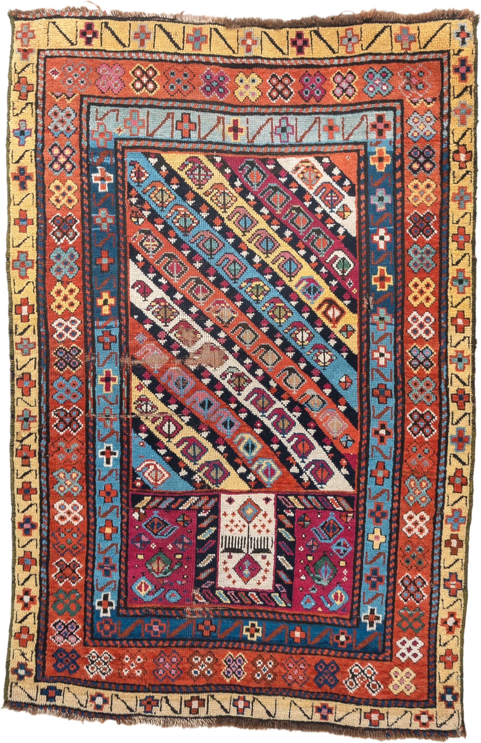 2' x 4' one-of-a-kind handmade vintage Karabagh small size rug. Color palette: terracotta, ivory, sky blue, navy, magenta