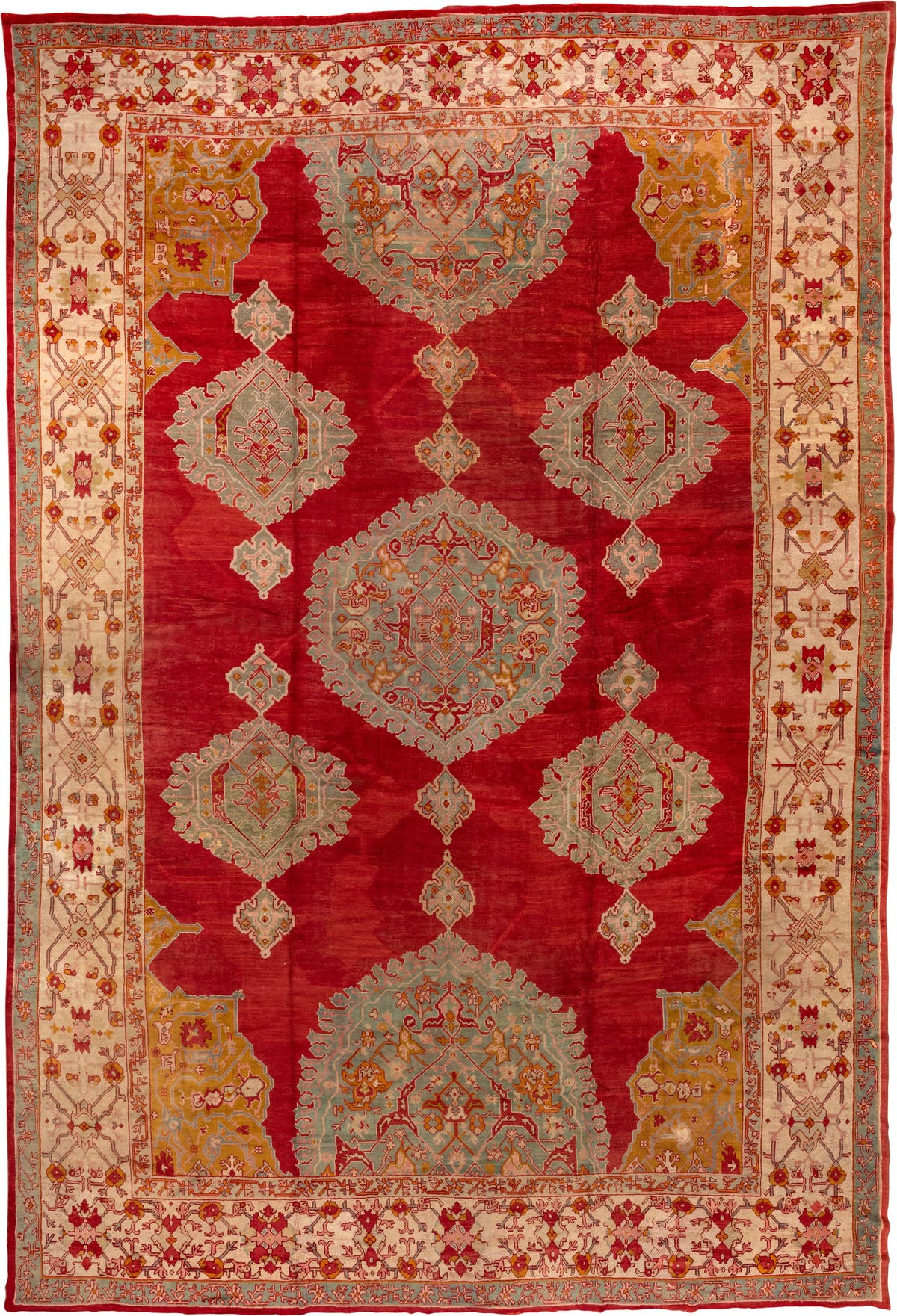 18' x 26' one-of-a-kind handmade antique Oushak oversize rug. Color palette: red, ivory, pale blue, gold, rust, coral, sage