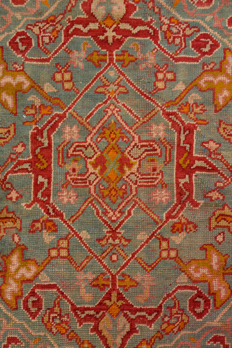 18' x 26' one-of-a-kind handmade antique Oushak oversize rug. Color palette: red, ivory, pale blue, gold, rust, coral, sage