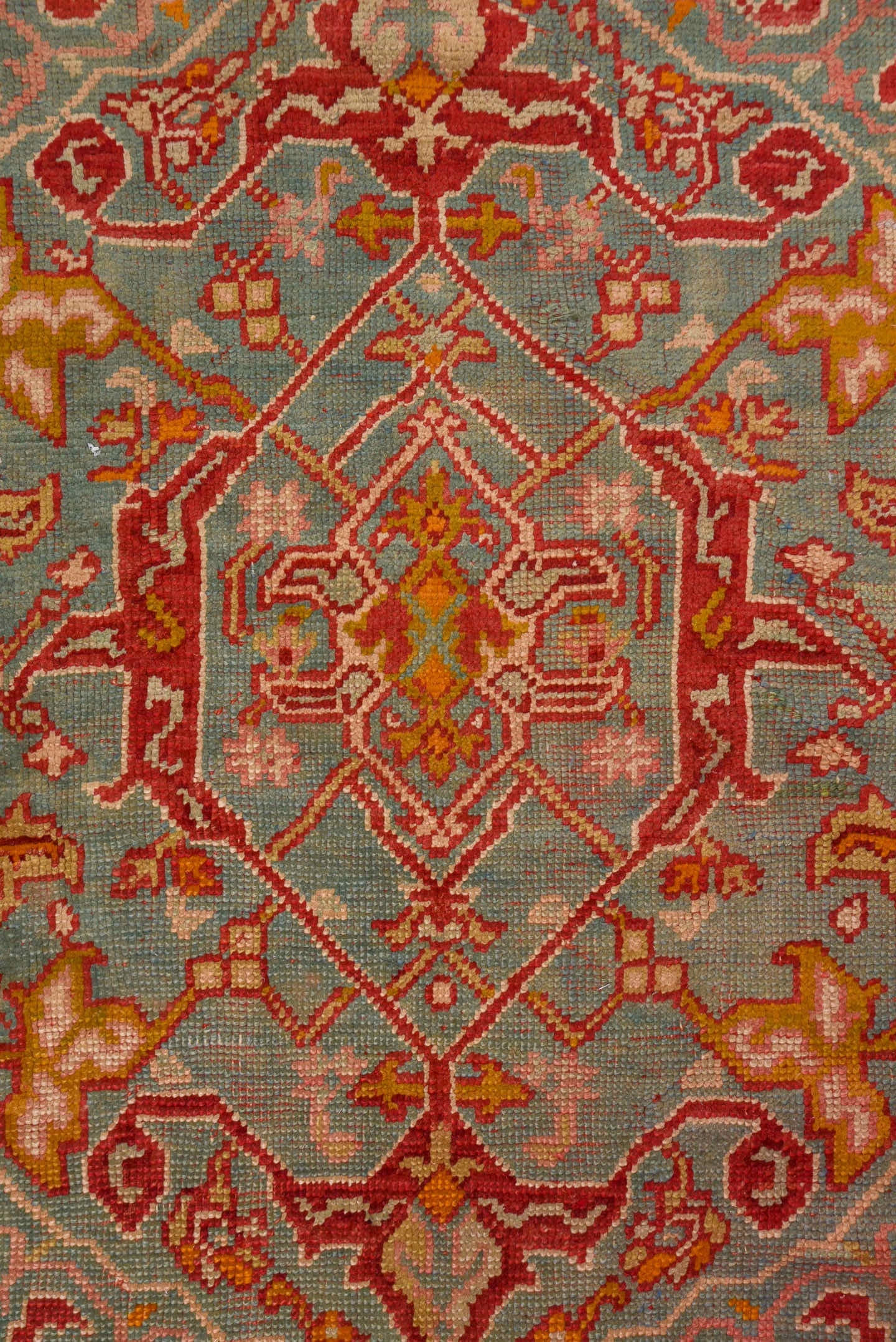 18' x 26' one-of-a-kind handmade antique Oushak oversize rug. Color palette: red, ivory, pale blue, gold, rust, coral, sage