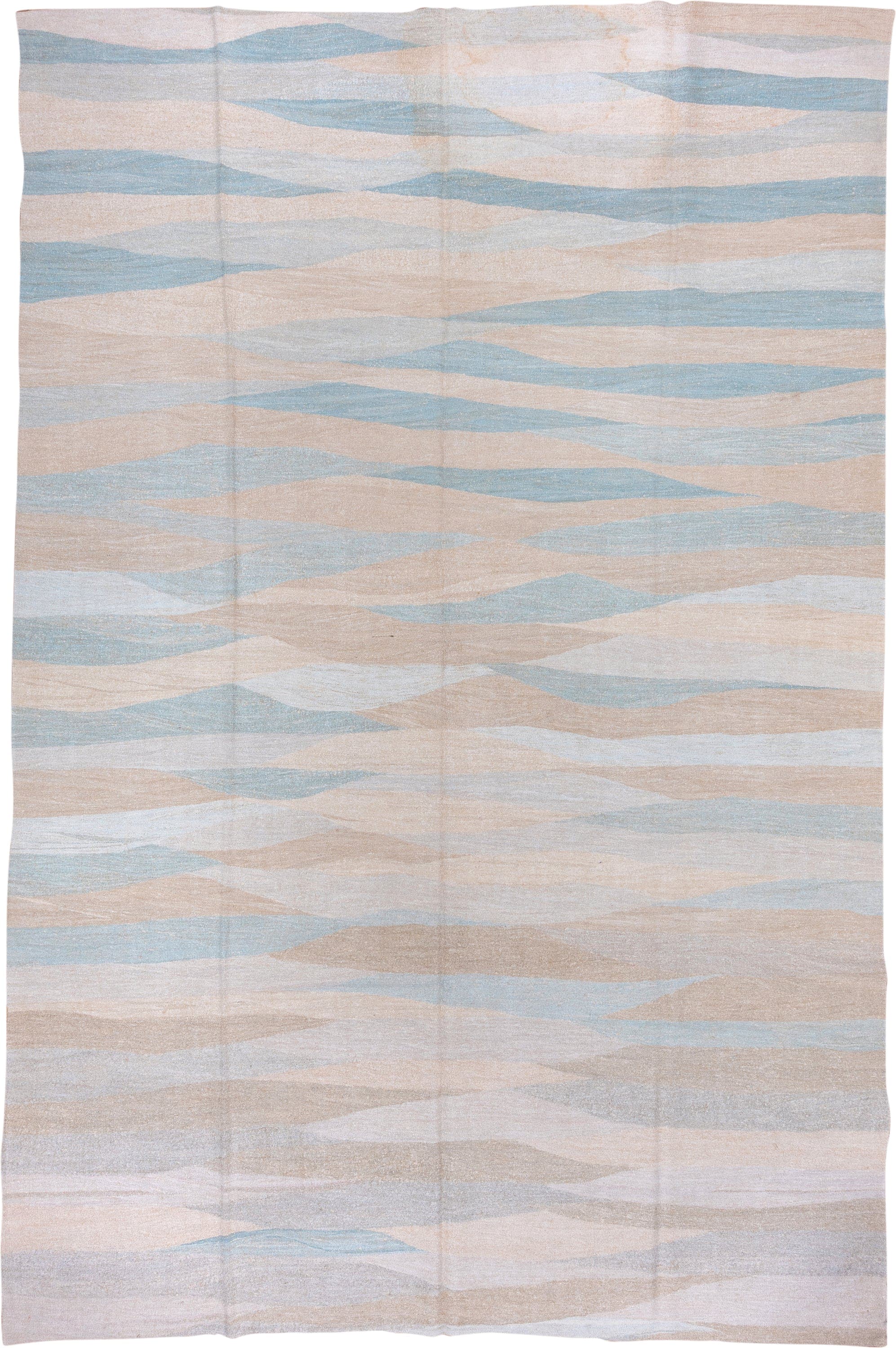 9' x 14' one-of-a-kind handmade vintage Kilim large size rug. Color palette: ivory, pale blue, beige, taupe, light blue
