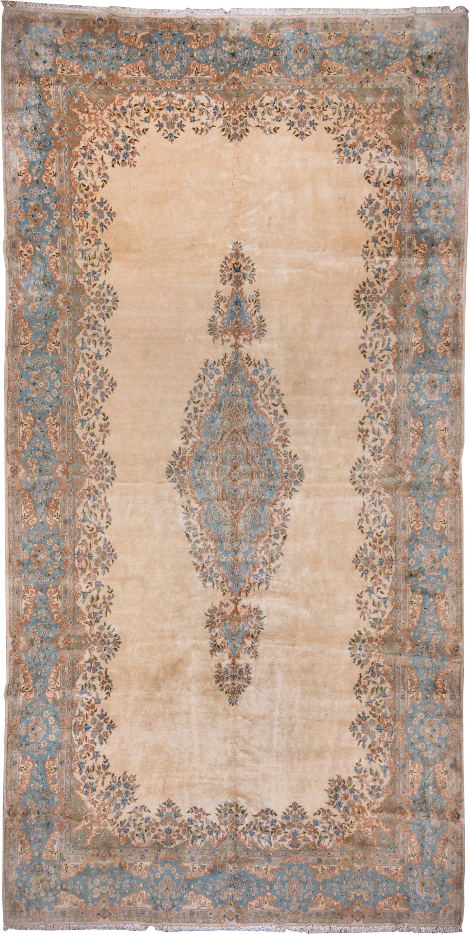 9' x 18' one-of-a-kind handmade vintage Kerman rug. Color palette: ivory, sky blue, beige, taupe, camel, slate, light blue
