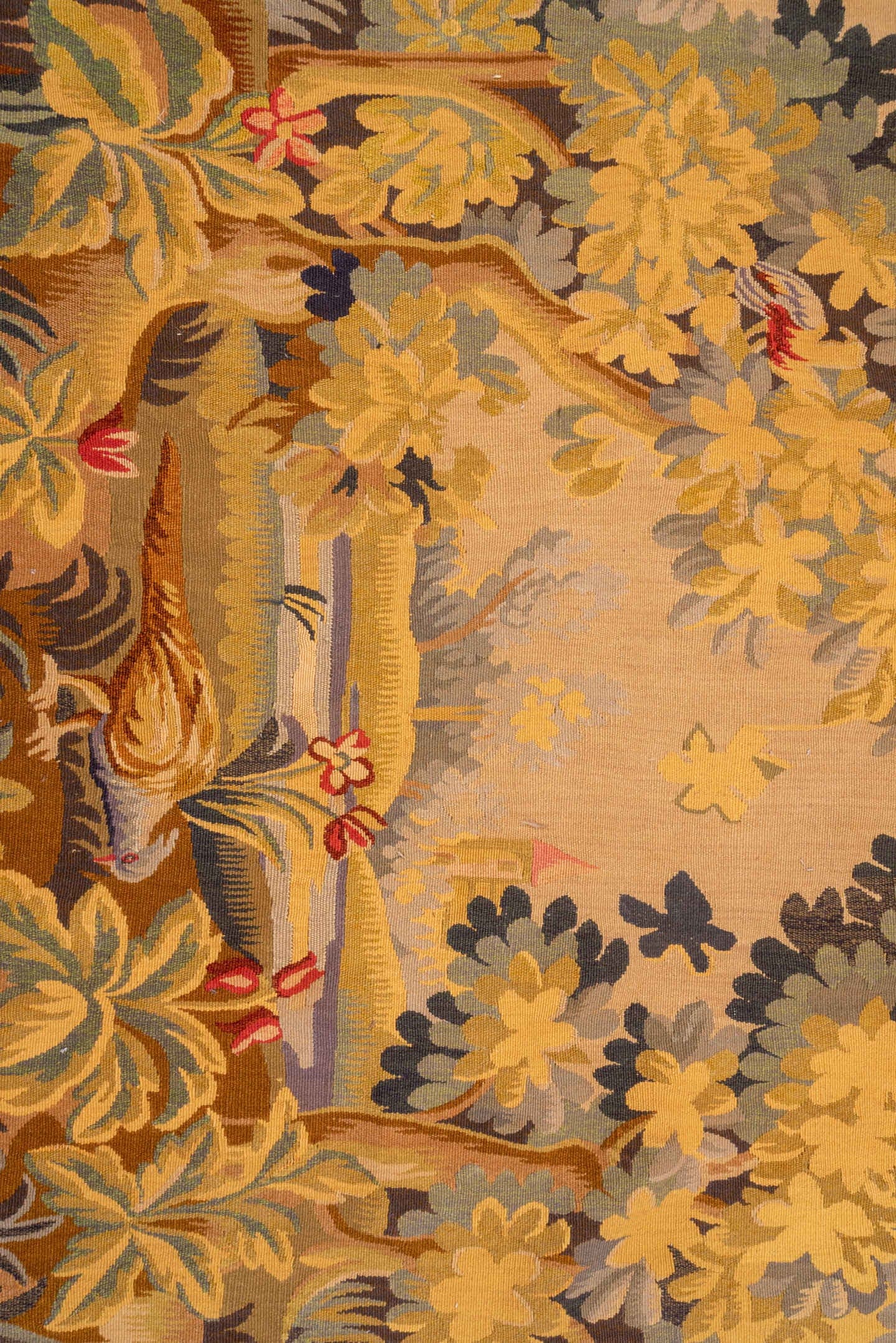 4' x 5' one-of-a-kind handmade vintage Tapestry small size rug. Color palette: beige, gold, sage, slate, brown, rose