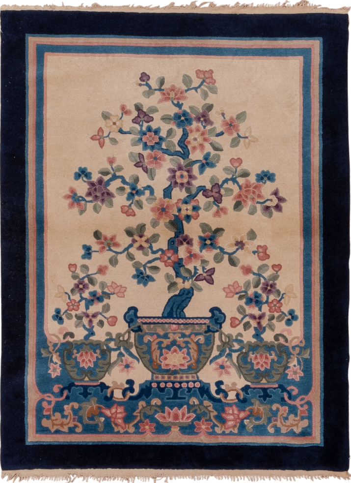 4' x 5' one-of-a-kind handmade vintage Chinese small size rug. Color palette: arapawa, black, blue, brown, charcoal, gray