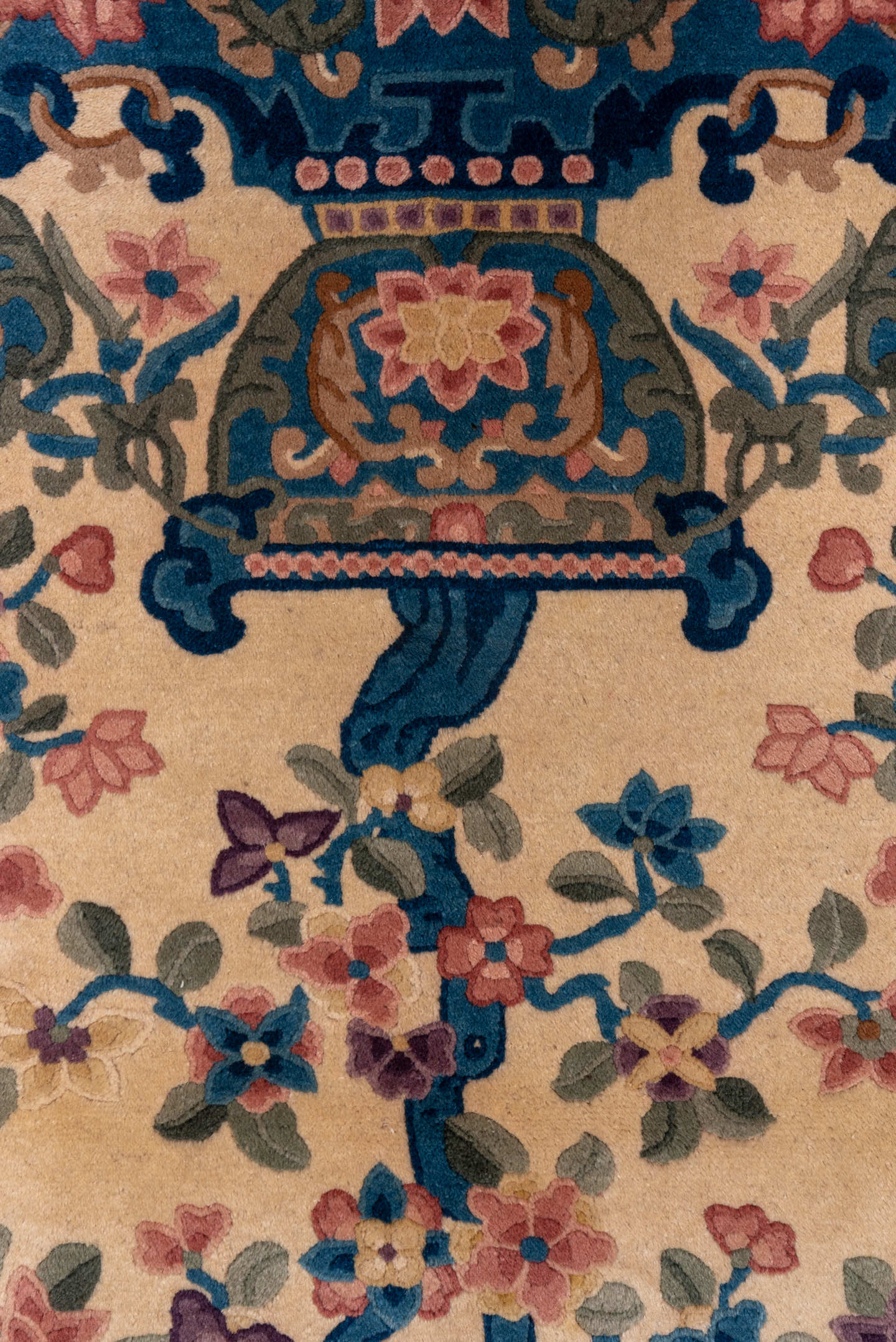 4' x 5' one-of-a-kind handmade vintage Chinese small size rug. Color palette: ivory, navy, blue, rose, sage, lavender, taupe