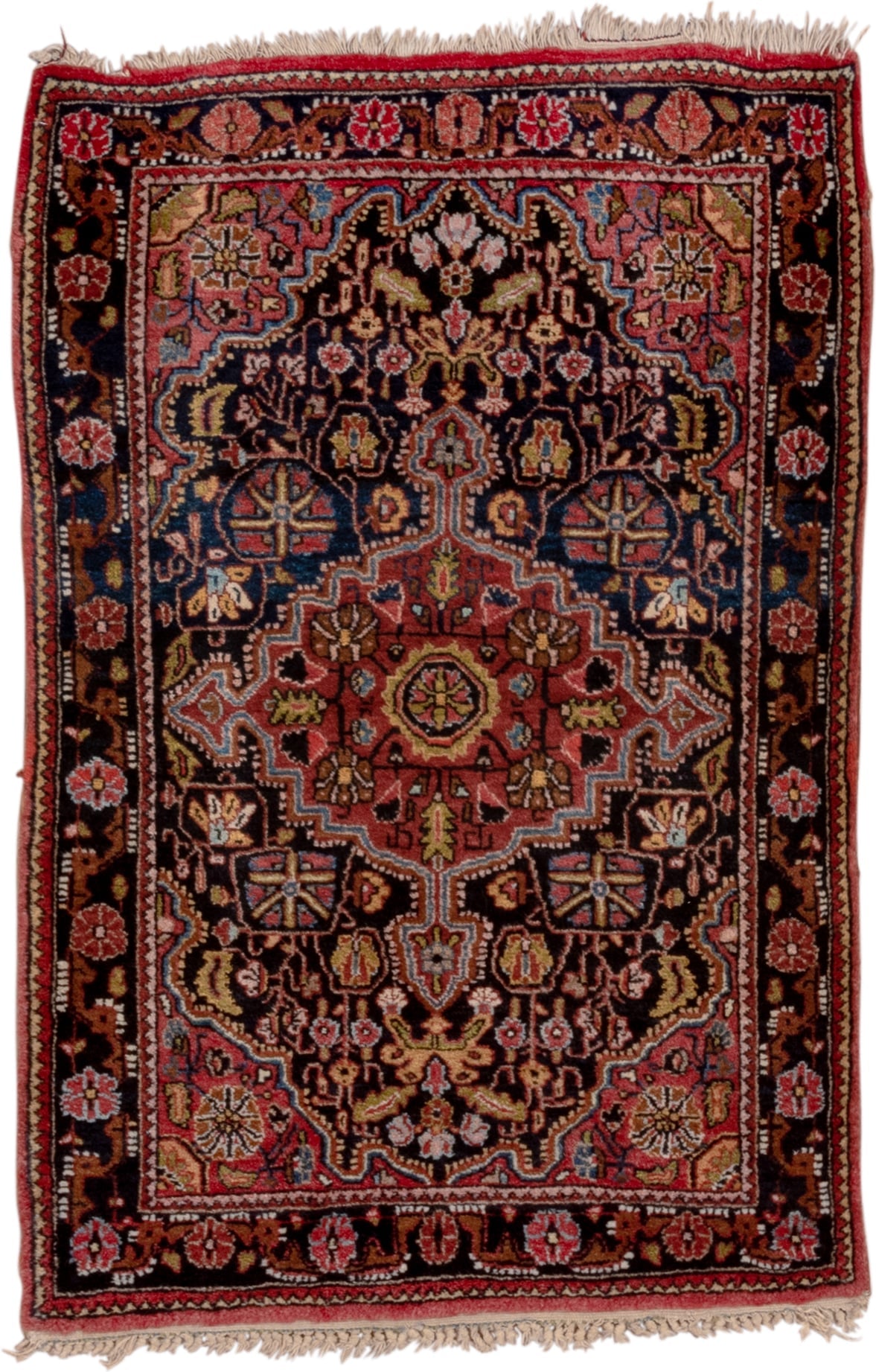 2' x 3' one-of-a-kind handmade vintage Jozan small size rug. Color palette: navy, rust, rose, ivory, sky blue, burgundy