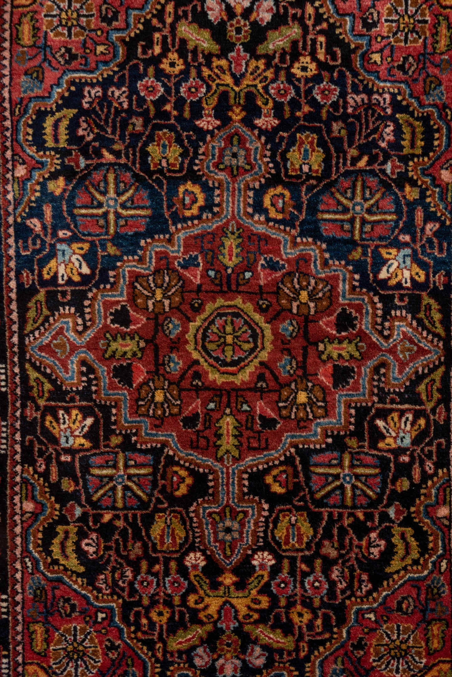 2' x 3' one-of-a-kind handmade vintage Jozan small size rug. Color palette: navy, rust, rose, ivory, sky blue, burgundy