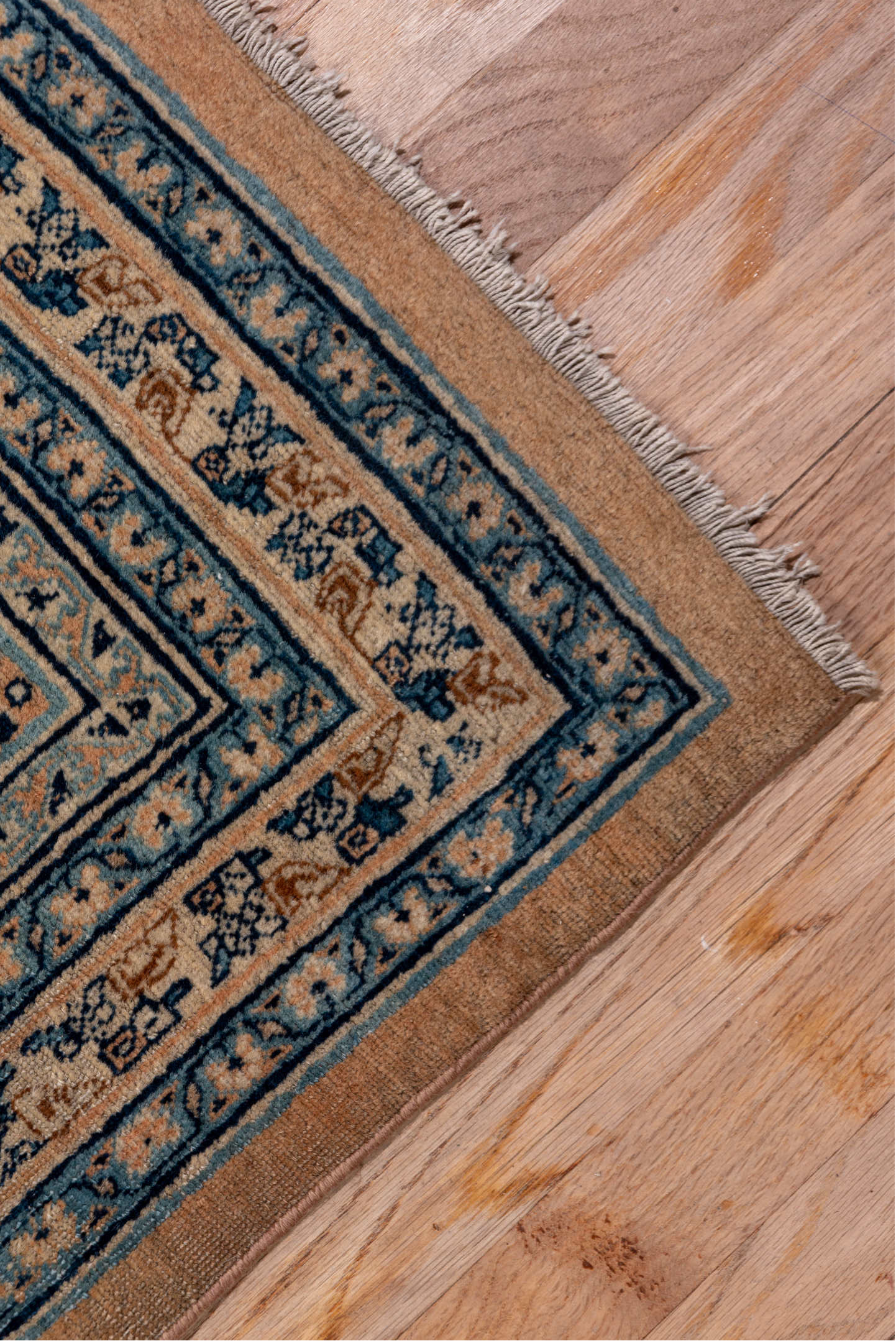 9' x 12' one-of-a-kind handmade antique Tabriz large size rug. Color palette: camel, ivory, navy, taupe, slate, sand, beige