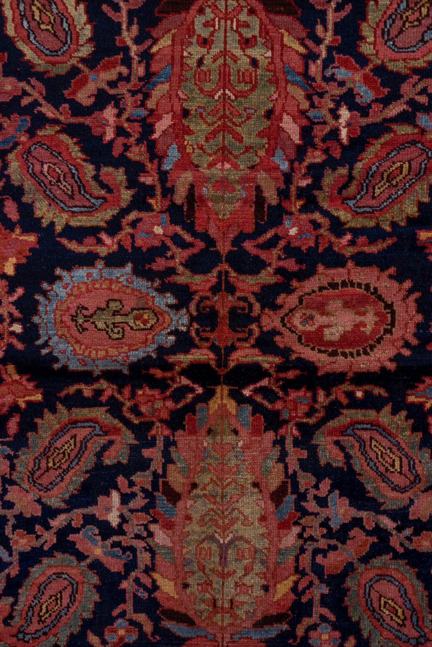 13' x 20' one-of-a-kind handmade vintage Malayer oversize rug. Color palette: indigo, sky blue, rust, coral, ivory, rose