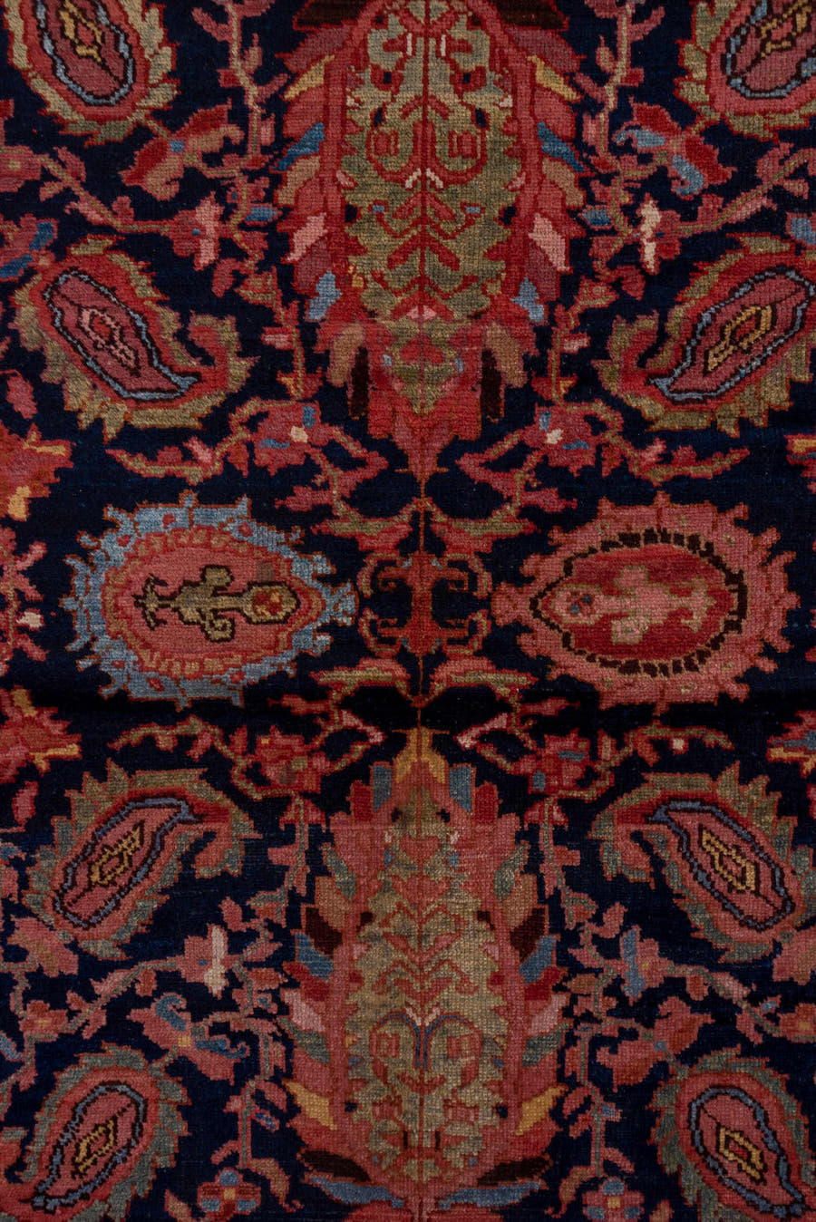 13' x 20' one-of-a-kind handmade vintage Malayer oversize rug. Color palette: indigo, sky blue, rust, coral, ivory, rose