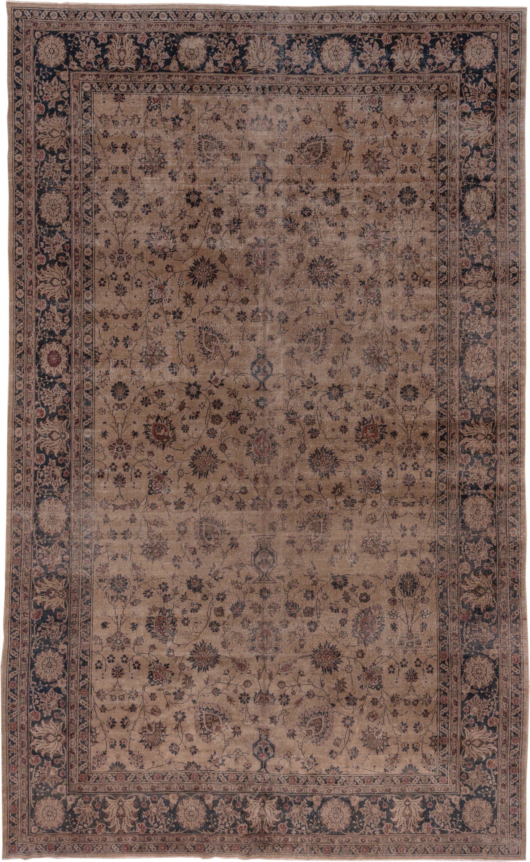 9' x 15' one-of-a-kind handmade antique Sparta rug. Color palette: taupe, navy, ivory, rose, slate, terra cotta, camel