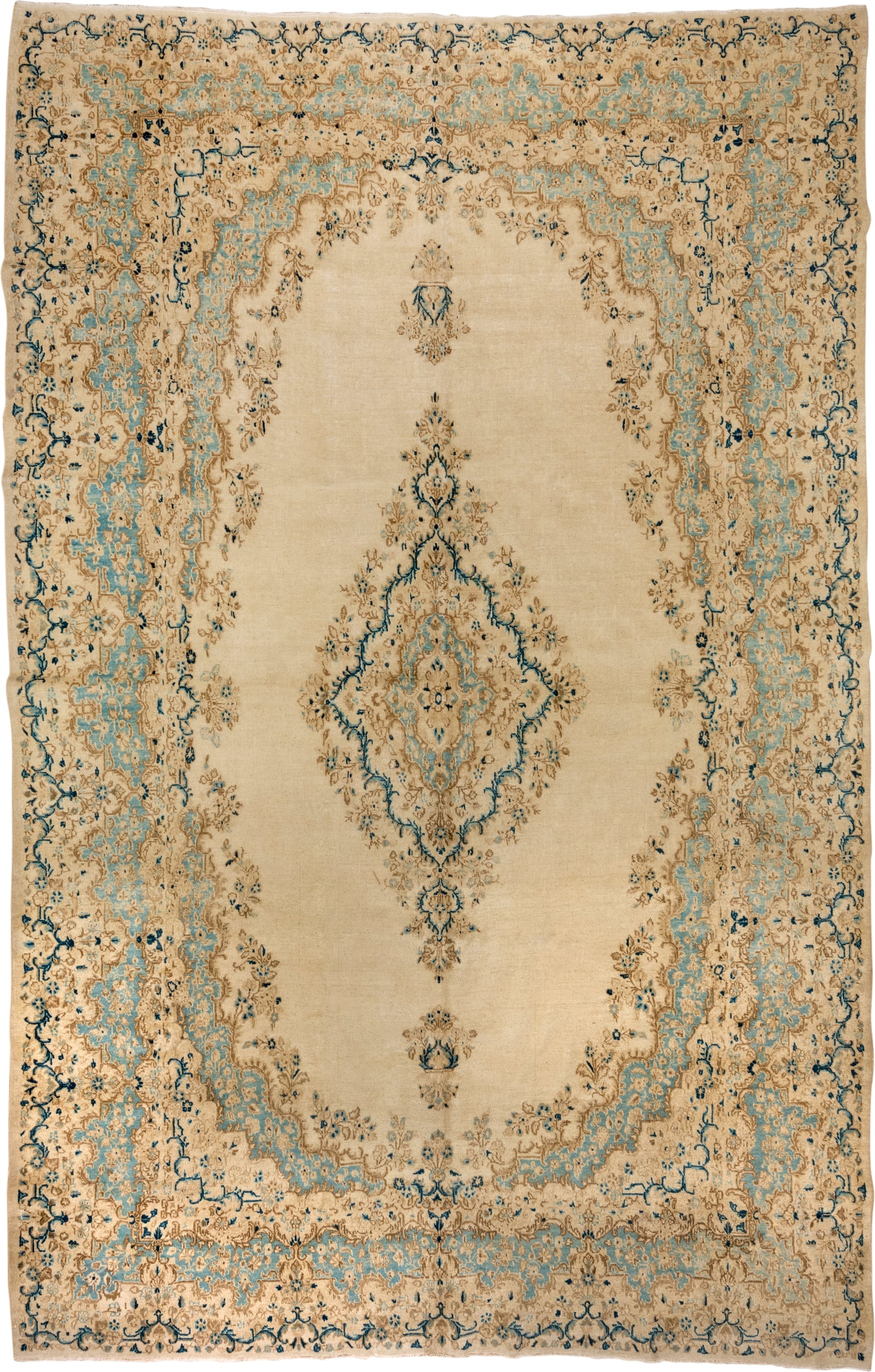10' x 15' one-of-a-kind handmade antique Kazvin rug. Color palette: ivory, aqua, beige, navy, camel, taupe, teal, blue, gray