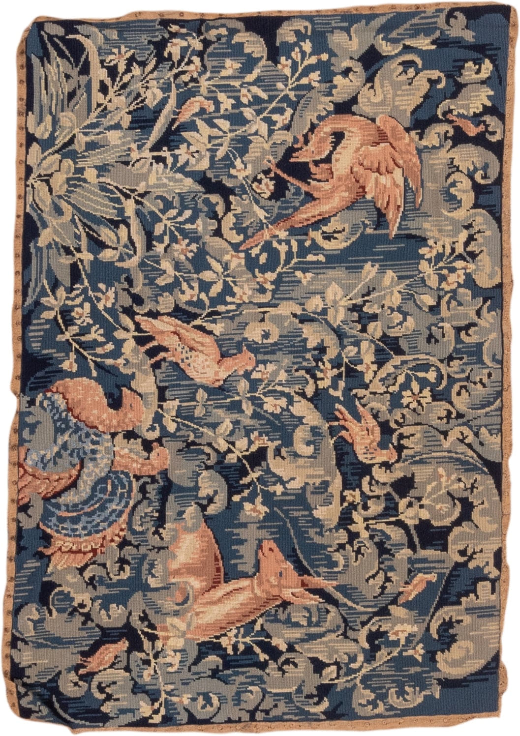 2' x 4' one-of-a-kind handmade vintage Needlepoint small size rug. Color palette: blue, ivory, rose, slate, taupe, navy