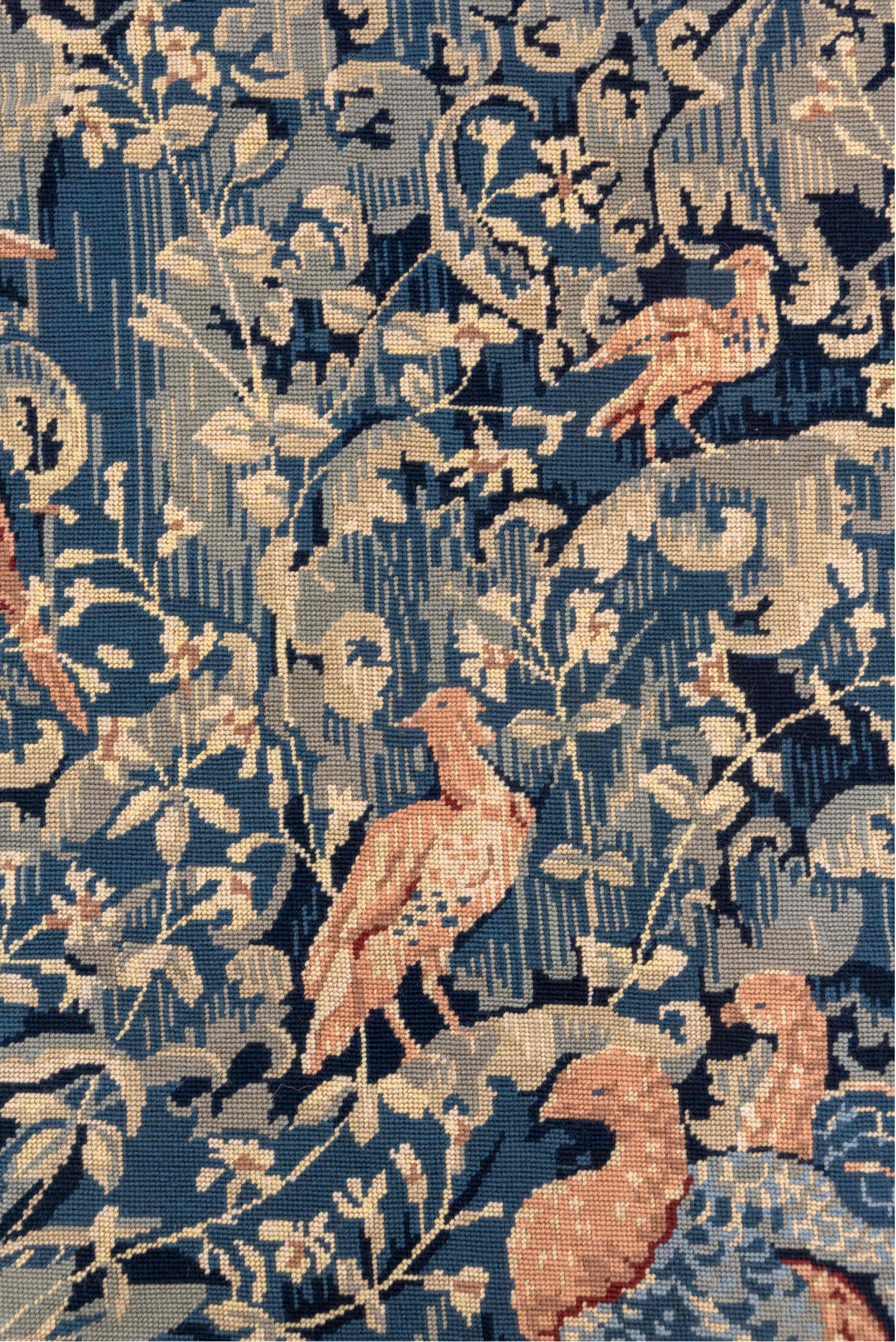 2' x 4' one-of-a-kind handmade vintage Needlepoint small size rug. Color palette: blue, ivory, rose, slate, taupe, navy