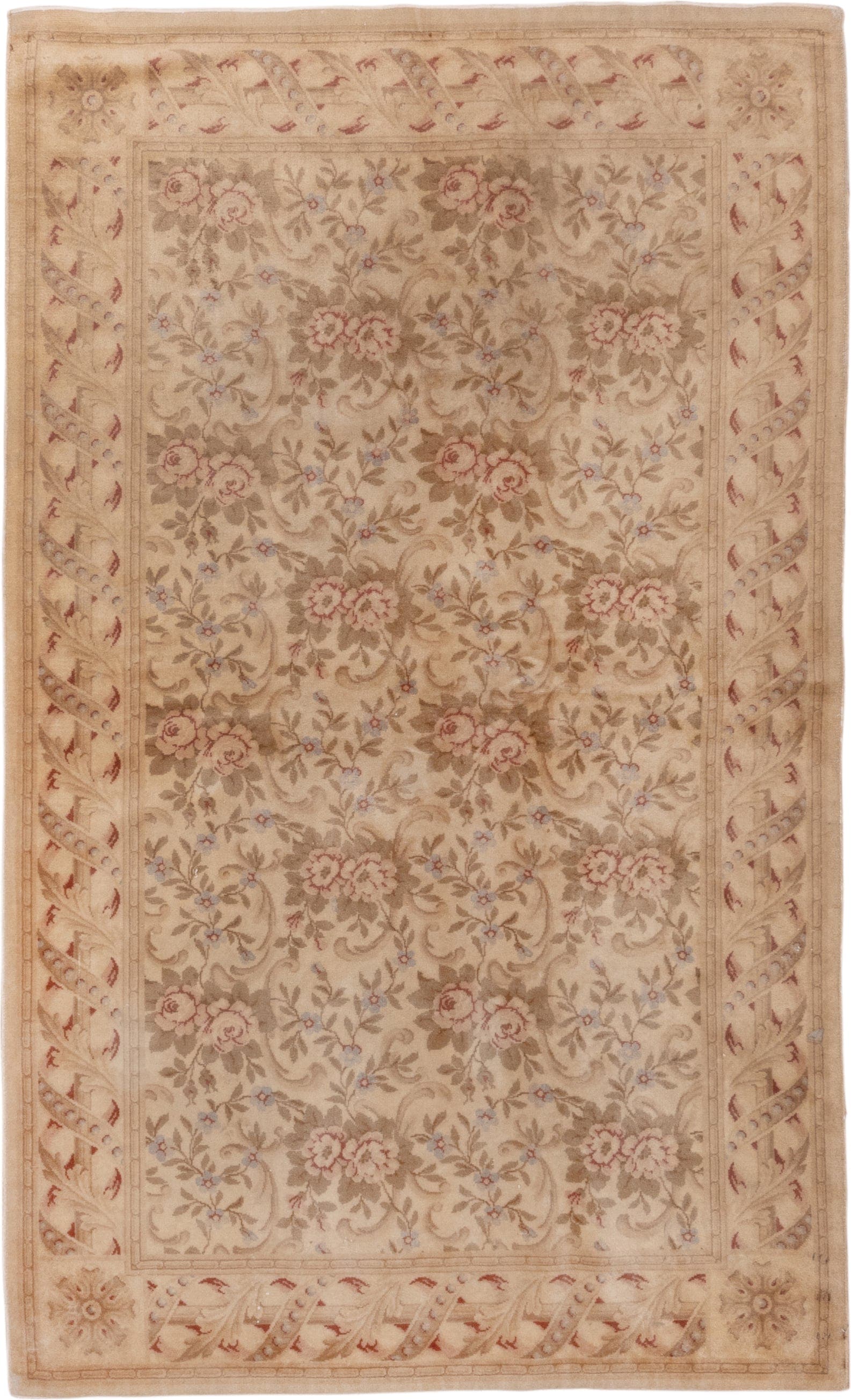 5' x 8' one-of-a-kind handmade antique Savonnerie medium size rug. Color palette: beige, ivory, taupe, rose, sage, camel
