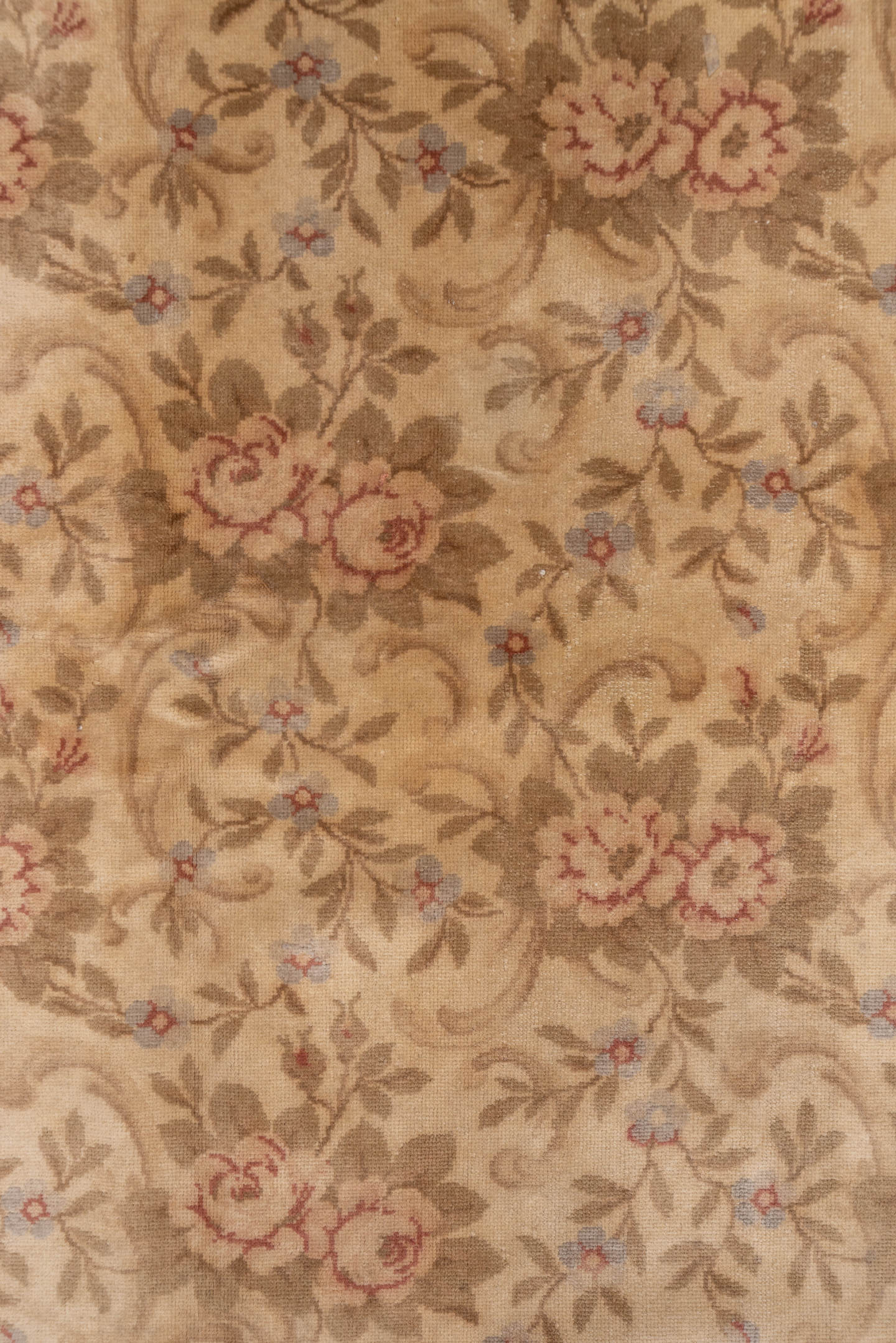 5' x 8' one-of-a-kind handmade antique Savonnerie medium size rug. Color palette: beige, ivory, taupe, rose, sage, camel
