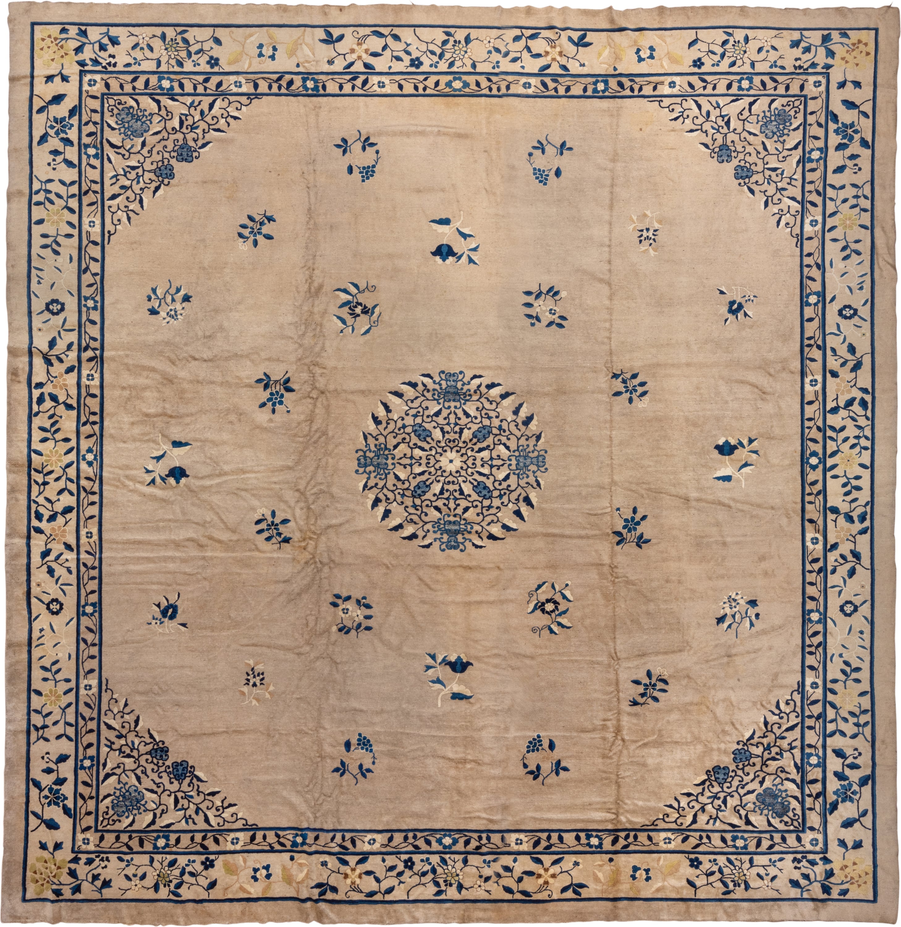 16' x 16' one-of-a-kind handmade vintage Chinese oversize rug. Color palette: ivory, navy, cream, beige, gold, slate, blue