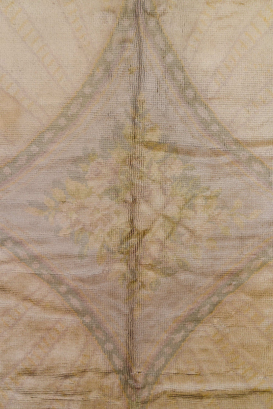 14' x 16' one-of-a-kind handmade vintage Savonnerie oversize rug. Color palette: ivory, blush, taupe, gold, sage, rose