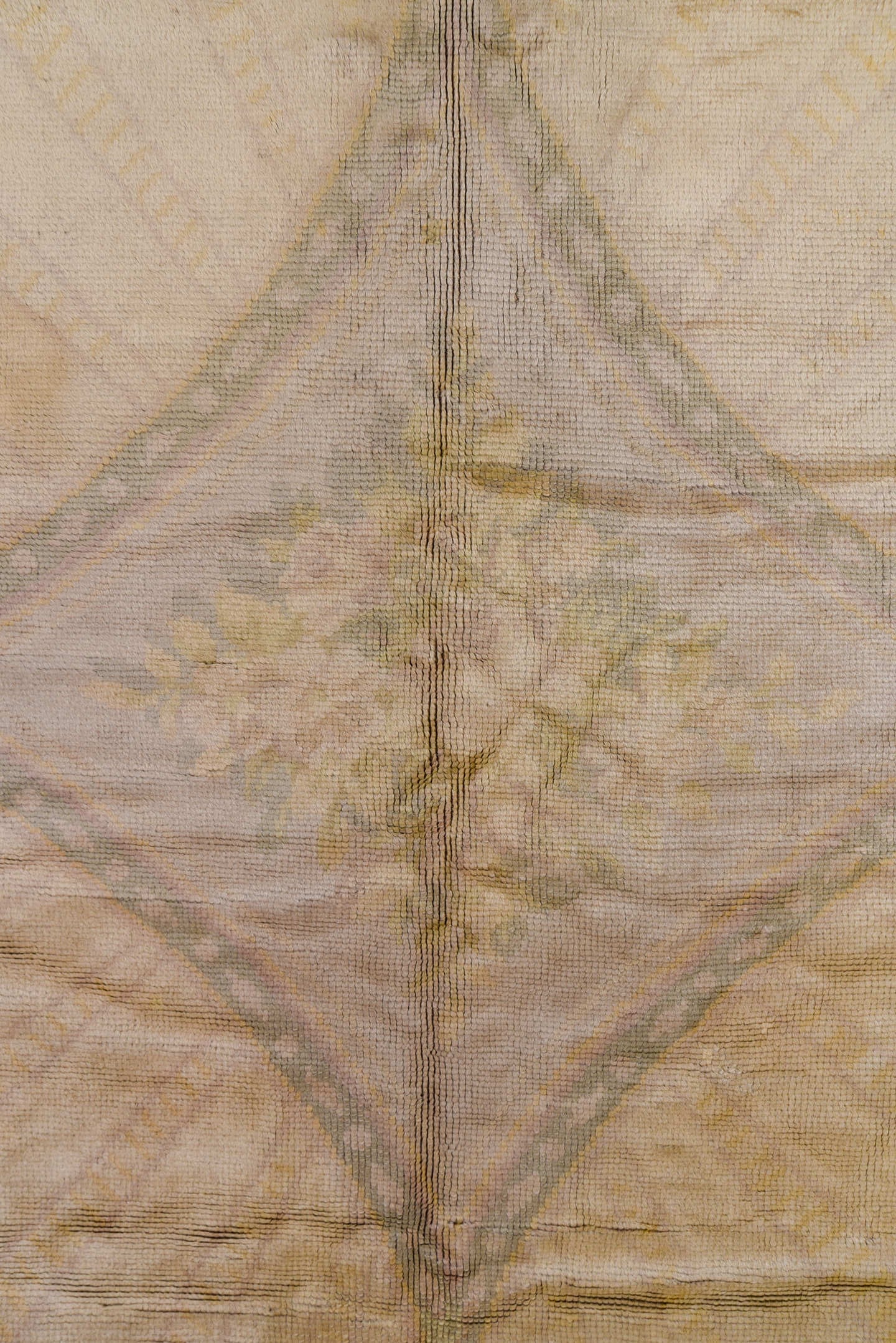 14' x 16' one-of-a-kind handmade vintage Savonnerie oversize rug. Color palette: ivory, blush, taupe, gold, sage, rose