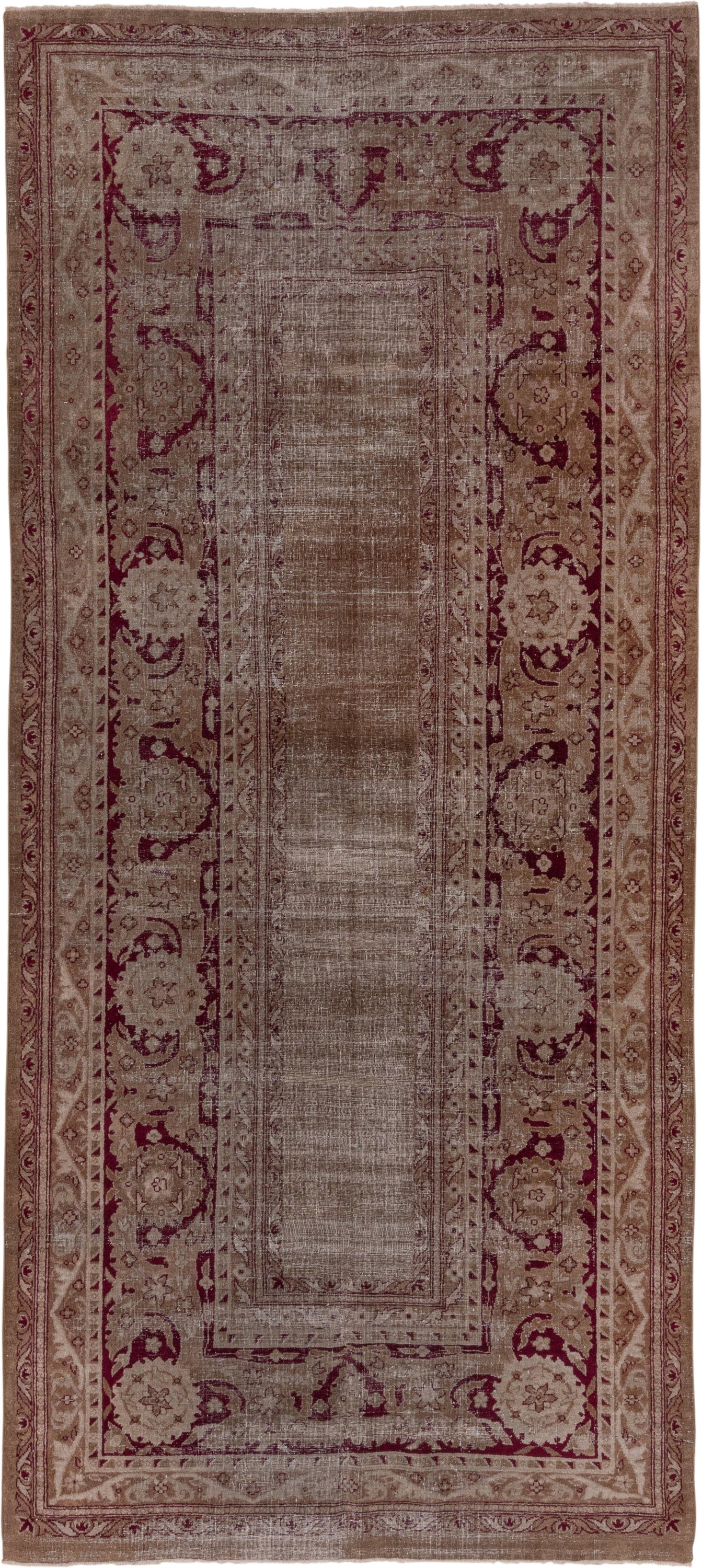 5' x 12' one-of-a-kind handmade antique Agra rug. Color palette: taupe, beige, burgundy, rose, brown, gray, pink, red