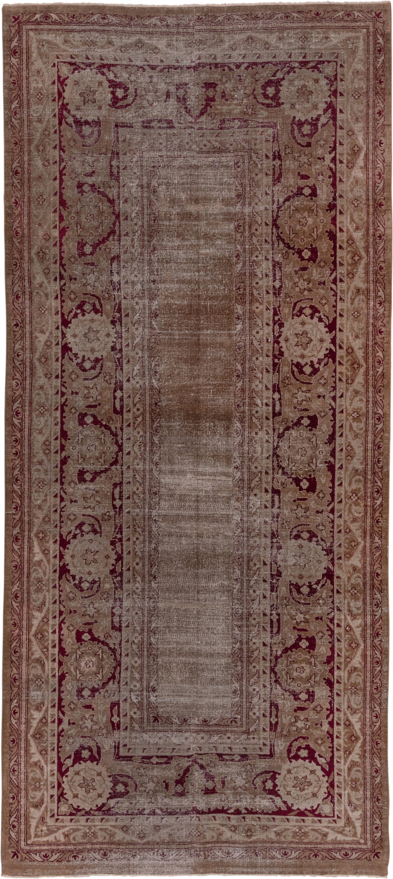 5' x 12' one-of-a-kind handmade antique Agra rug. Color palette: taupe, beige, burgundy, rose, brown, gray, pink, red