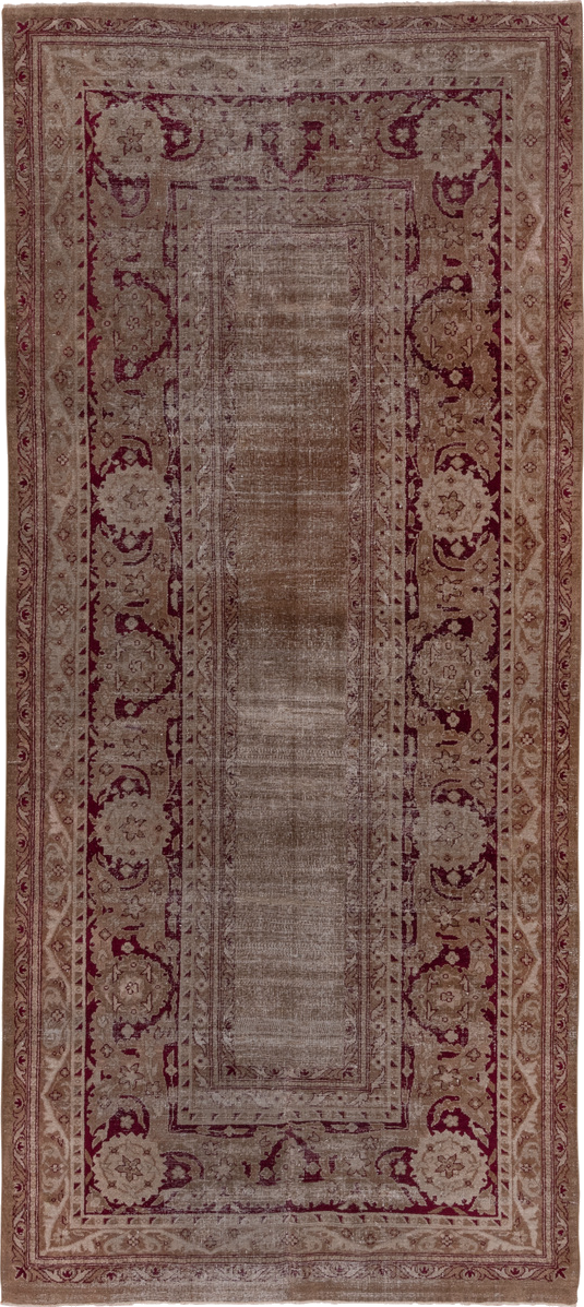 5' x 12' one-of-a-kind handmade vintage Agra rug. Color palette: brown, gray, pink, redwood