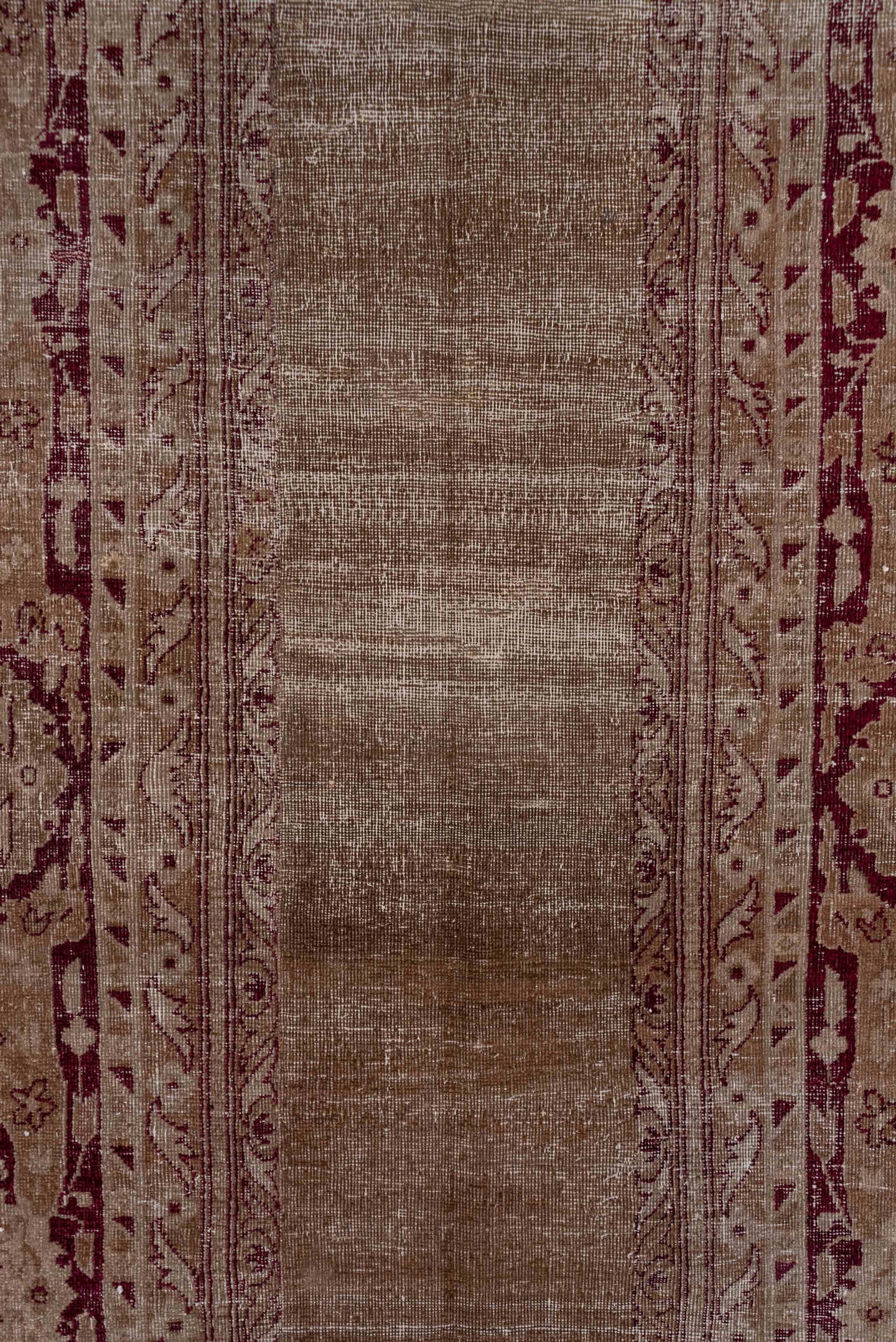 5' x 12' one-of-a-kind handmade antique Agra rug. Color palette: taupe, beige, burgundy, rose, brown, gray, pink, red
