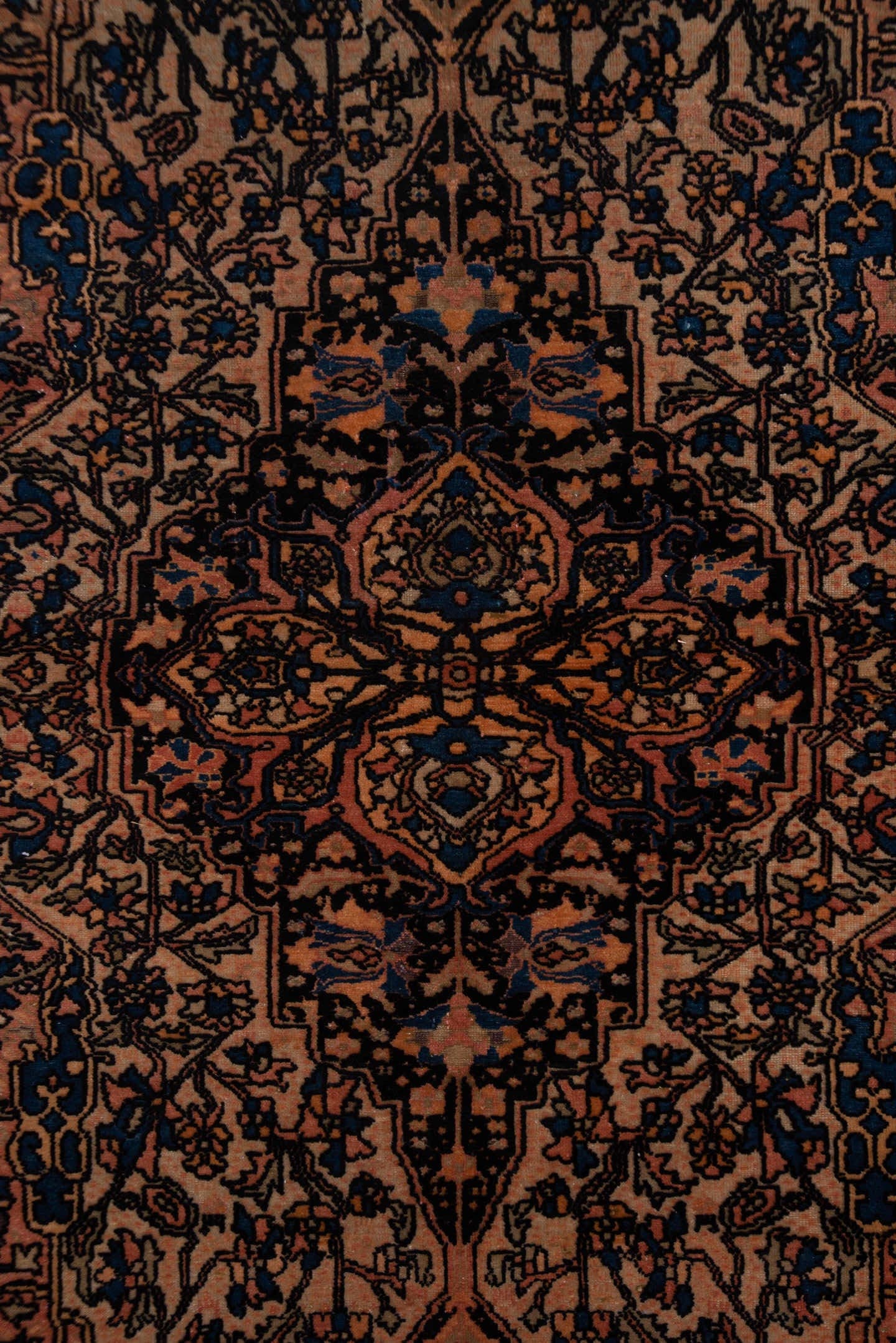 5' x 6' one-of-a-kind handmade vintage Malayer rug. Color palette: terra cotta, navy, ivory, rust, camel, slate, charcoal