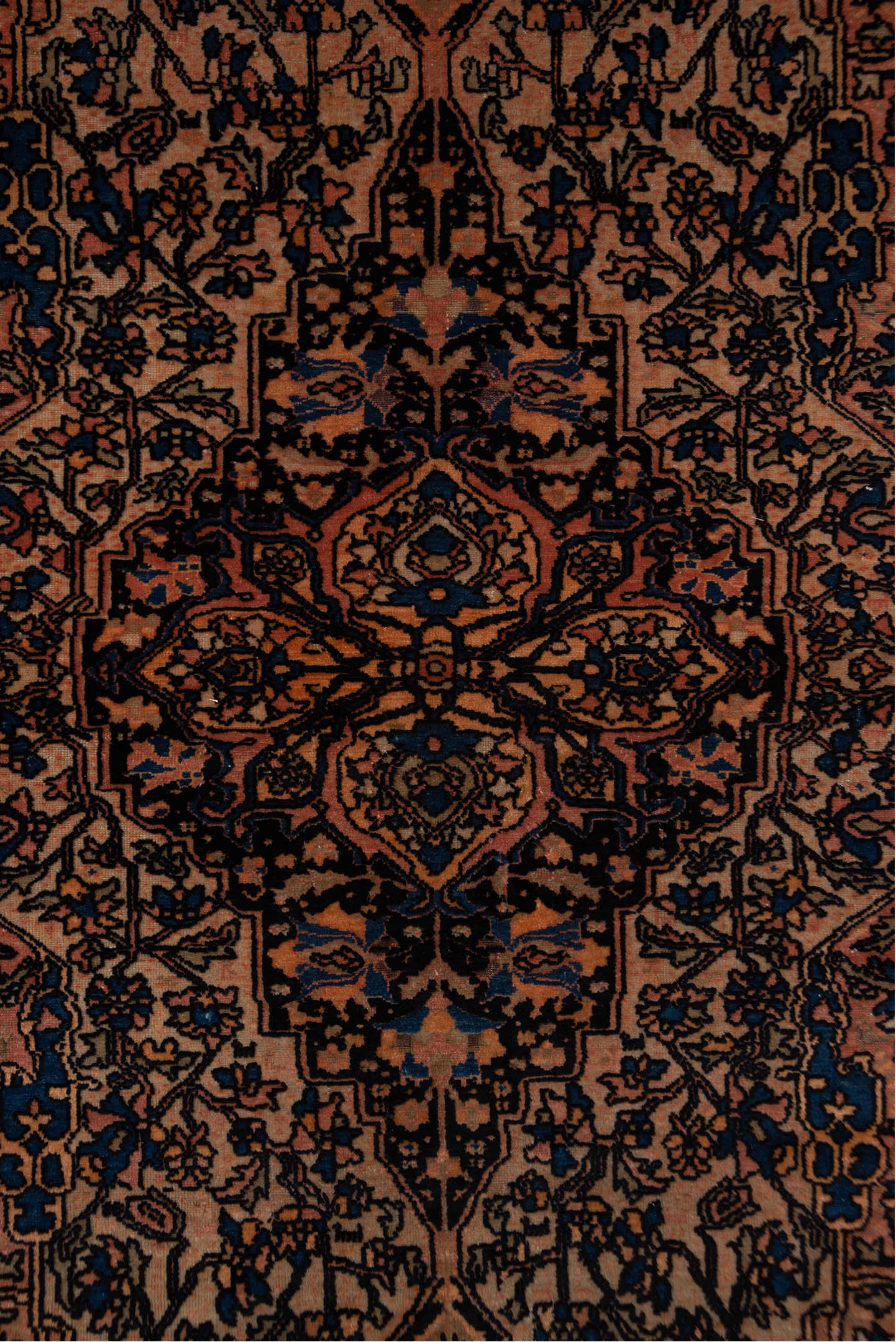 5' x 6' one-of-a-kind handmade vintage Malayer rug. Color palette: terra cotta, navy, ivory, rust, camel, slate, charcoal