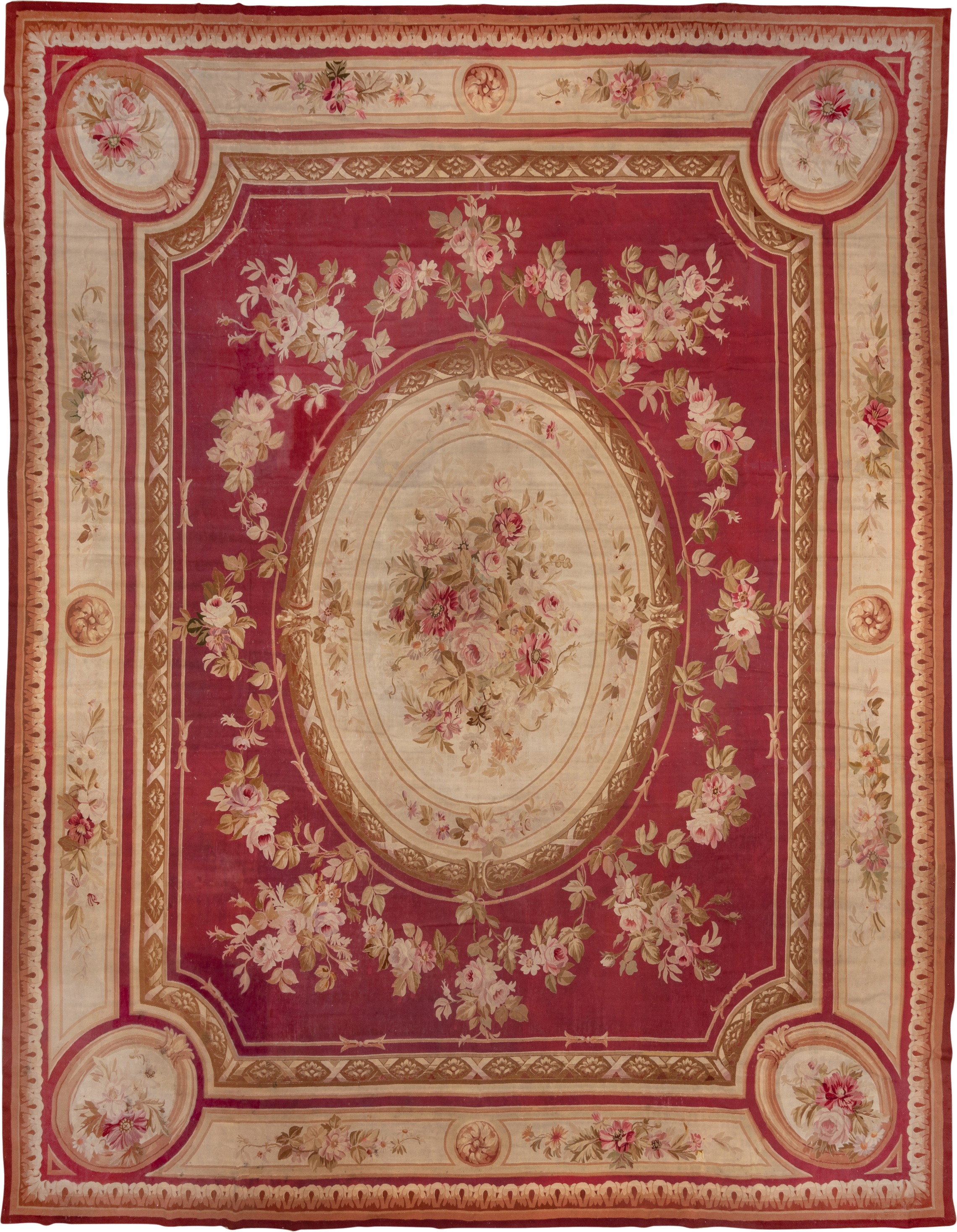 14' x 18' one-of-a-kind handmade vintage Aubusson oversize rug. Color palette: rose, ivory, taupe, sage, gold, blush