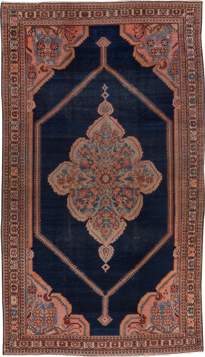 6' x 11' one-of-a-kind handmade vintage Malayer large size rug. Color palette: navy, rose, ivory, light_blue, rust, taupe