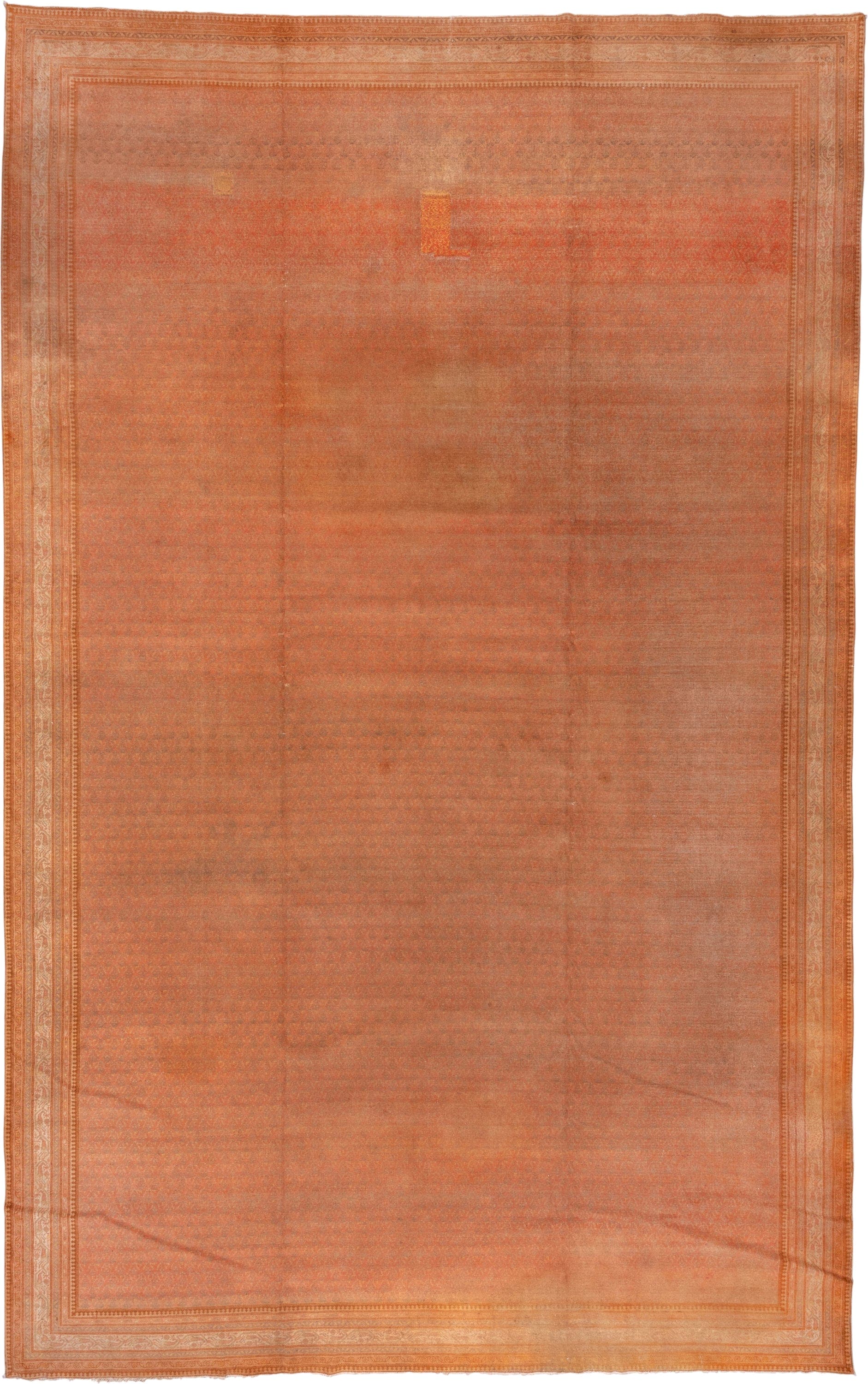 11' x 17' one-of-a-kind handmade vintage Saraband oversize rug. Color palette: terra cotta, salmon, rust, apricot, camel