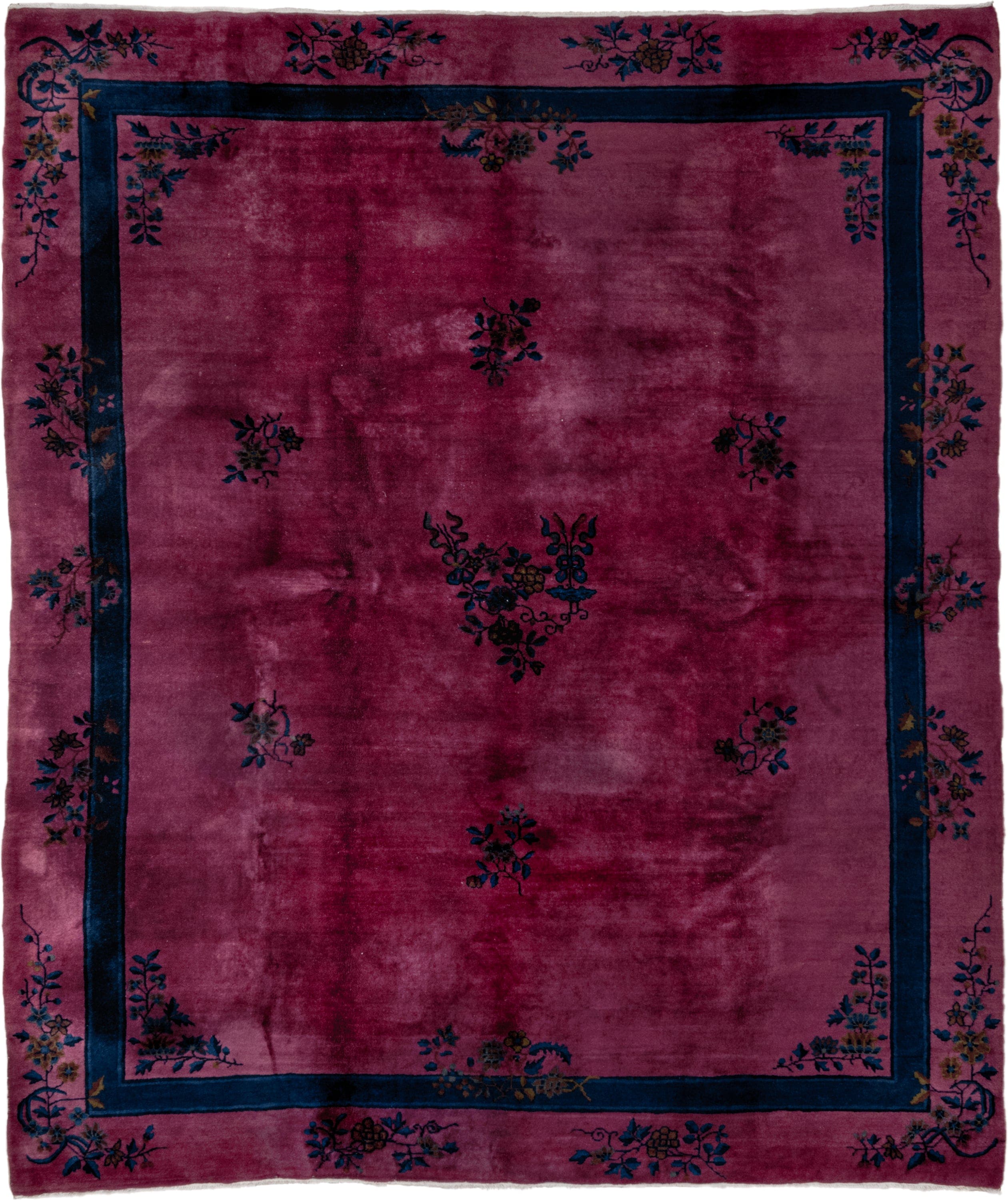 8' x 9' one-of-a-kind handmade antique Chinese rug. Color palette: rose, indigo, magenta, plum, lavender, gold, navy, pink