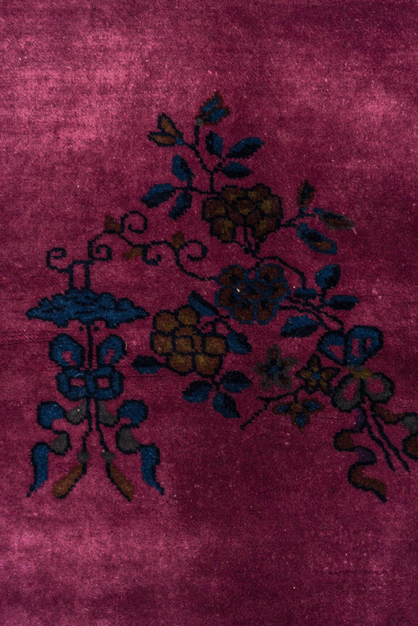 8' x 9' one-of-a-kind handmade antique Chinese rug. Color palette: rose, indigo, magenta, plum, lavender, gold, navy, pink