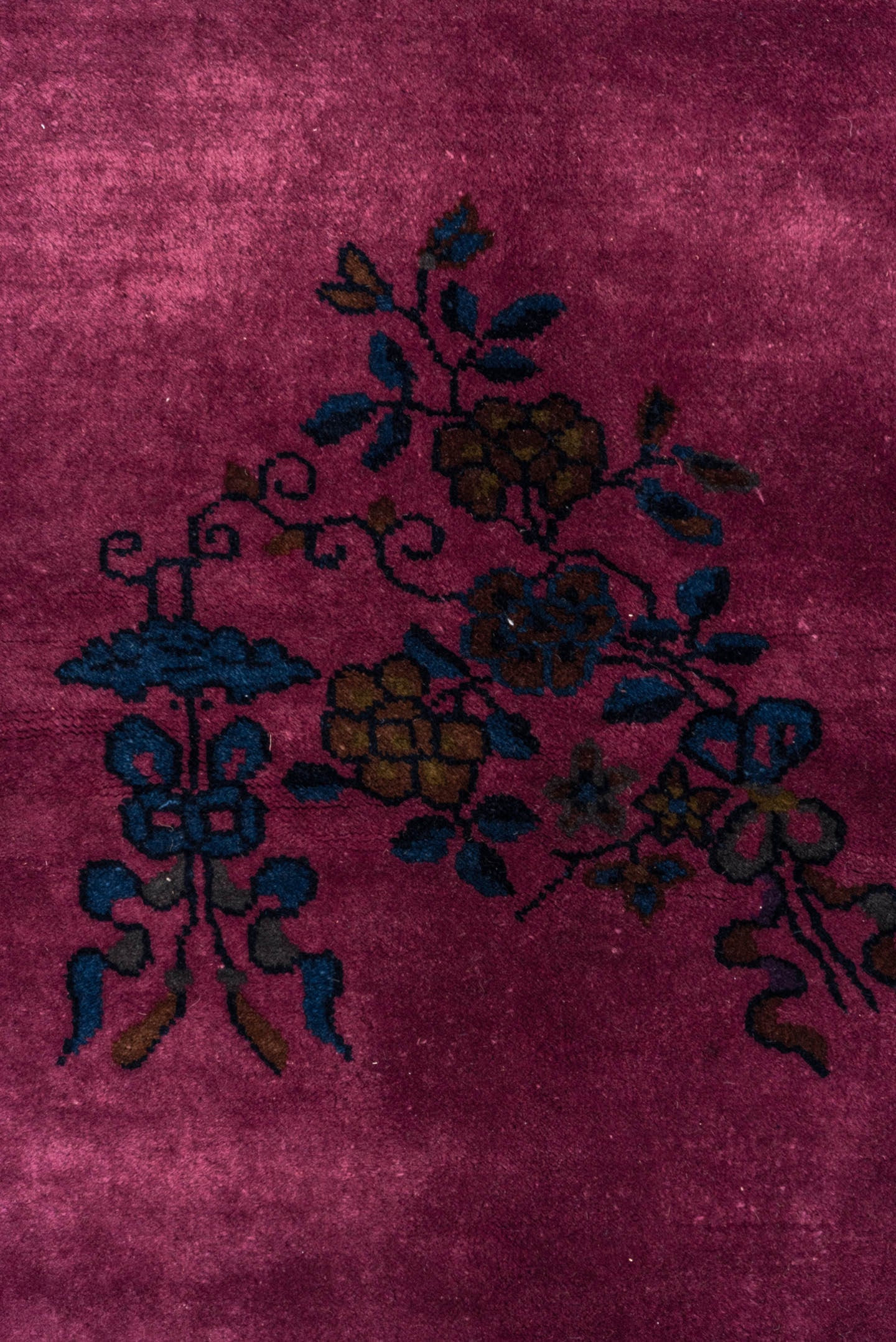 8' x 9' one-of-a-kind handmade antique Chinese rug. Color palette: rose, indigo, magenta, plum, lavender, gold, navy, pink