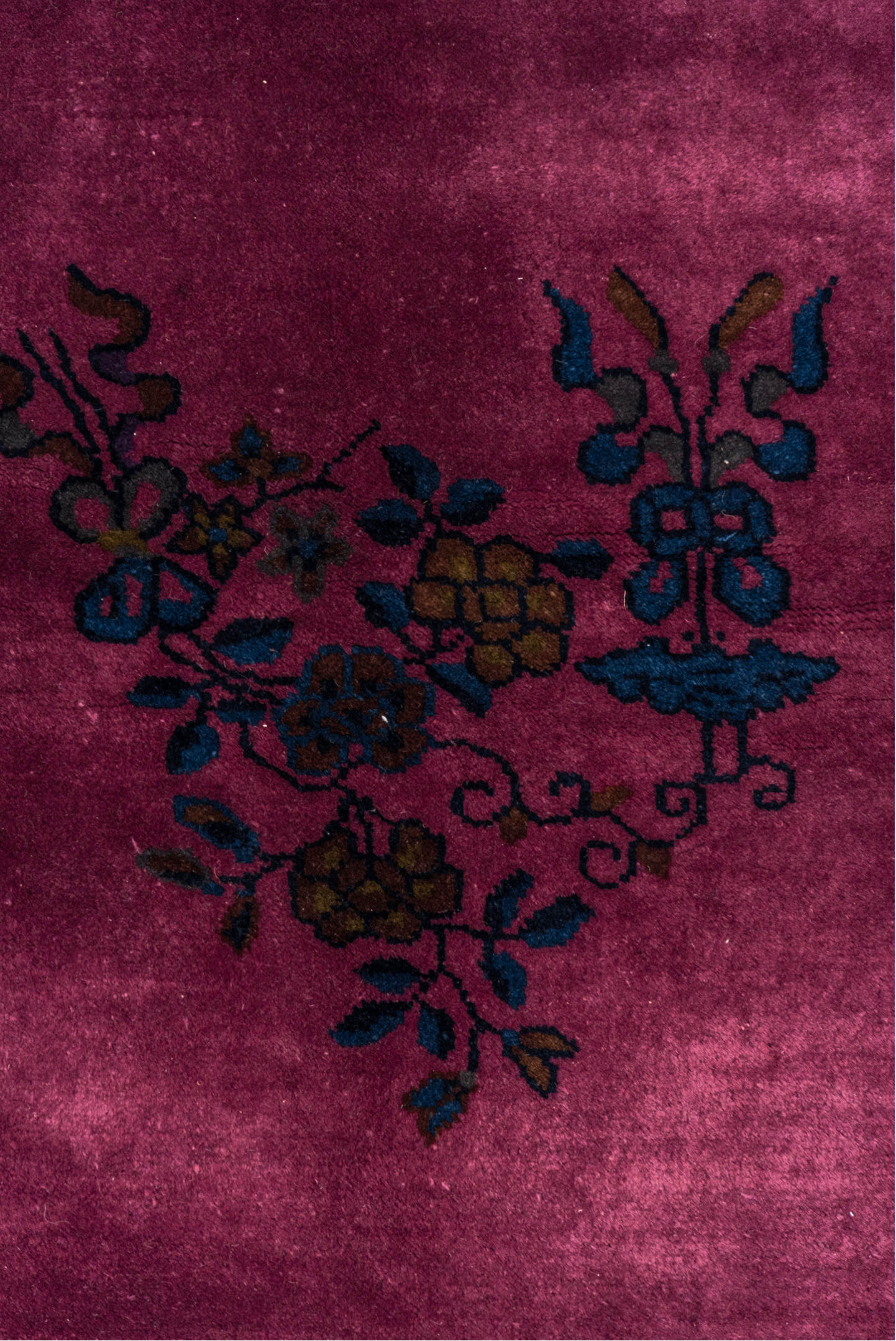 8' x 9' one-of-a-kind handmade antique Chinese rug. Color palette: rose, indigo, magenta, plum, lavender, gold, navy, pink