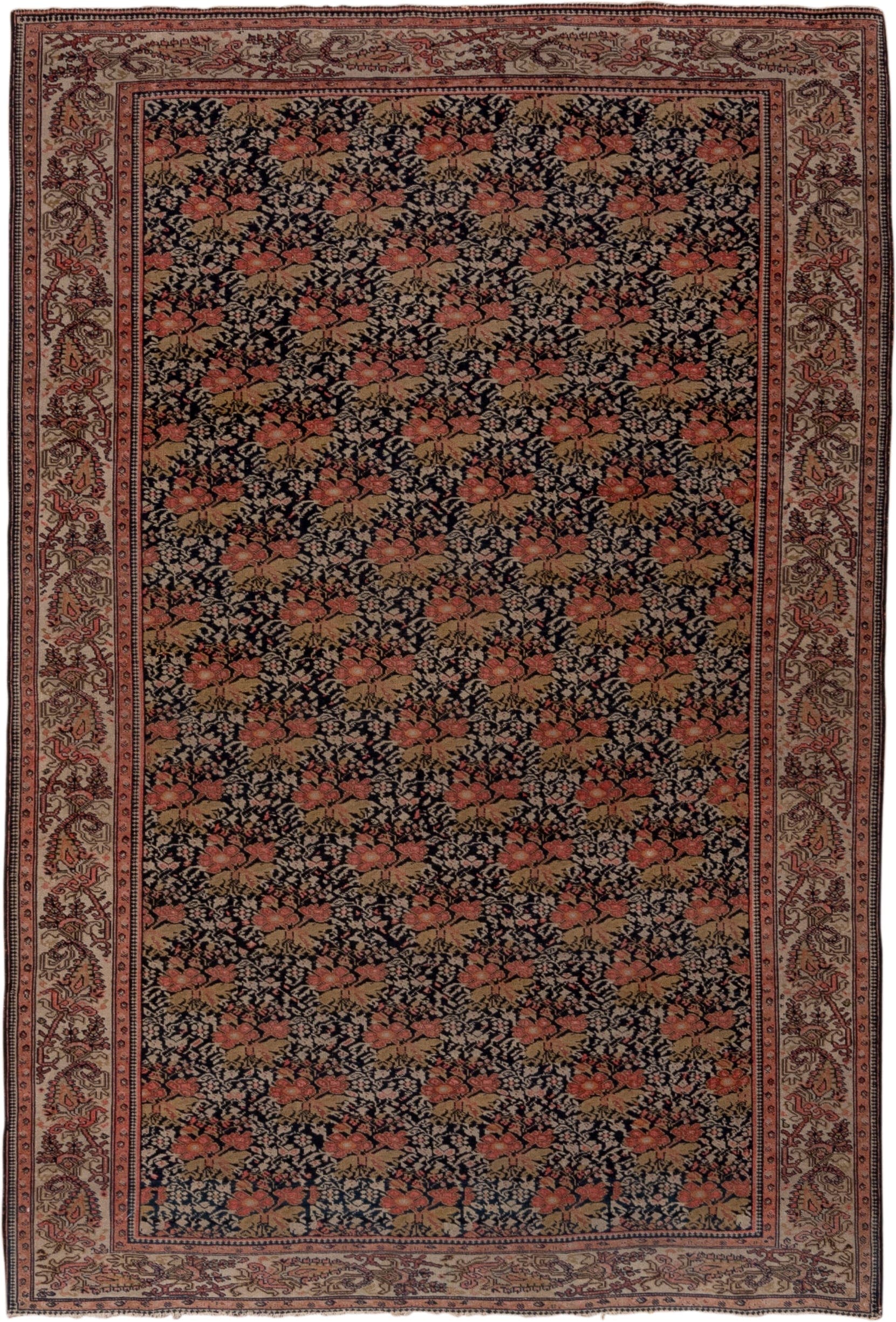 4' x 6' one-of-a-kind handmade vintage Far.Sarouk small size rug. Color palette: navy, ivory, rust, camel, rose, brown, blue