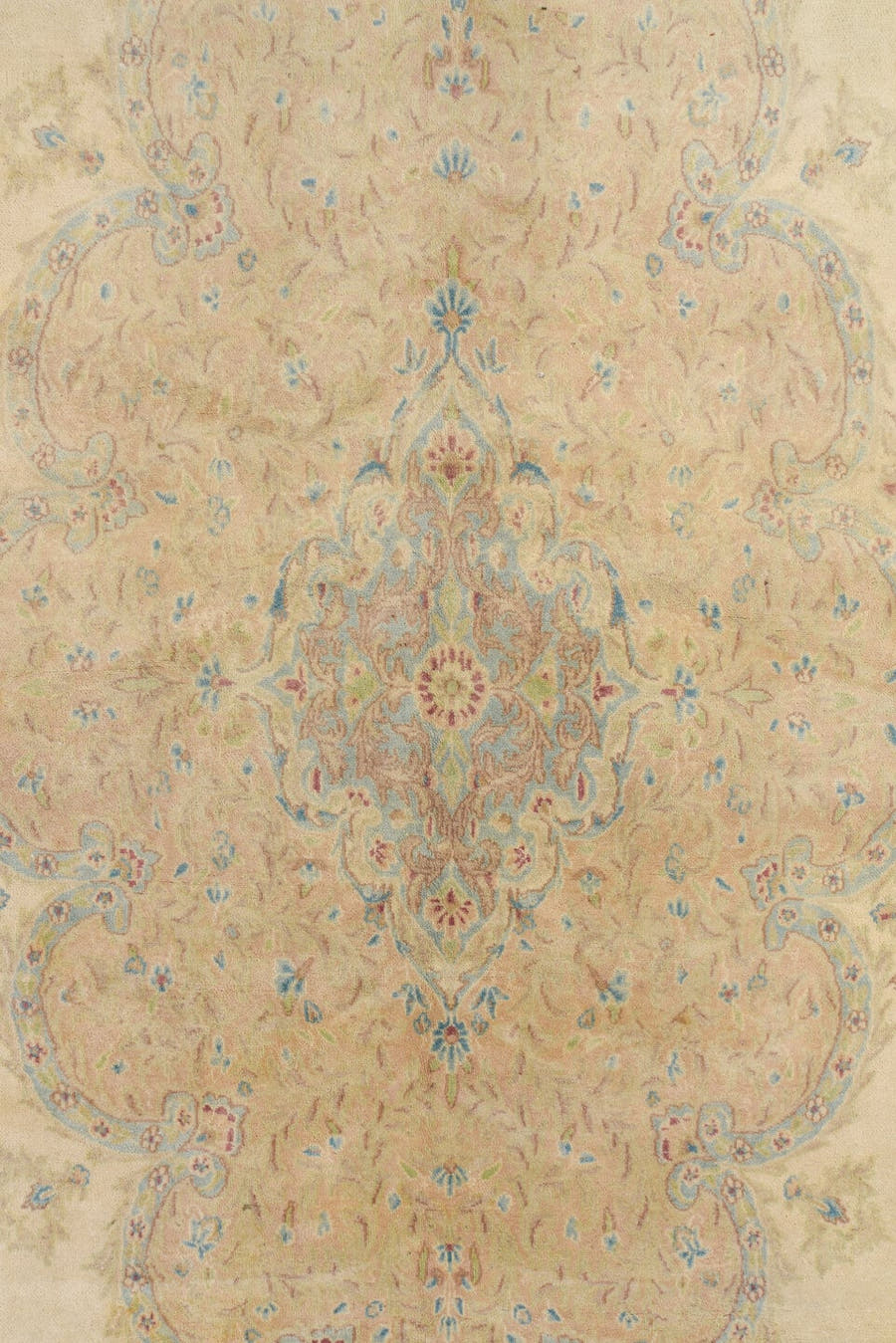 12' x 19' one-of-a-kind handmade vintage Kerman oversize rug. Color palette: ivory, beige, sky blue, taupe, blush, cream