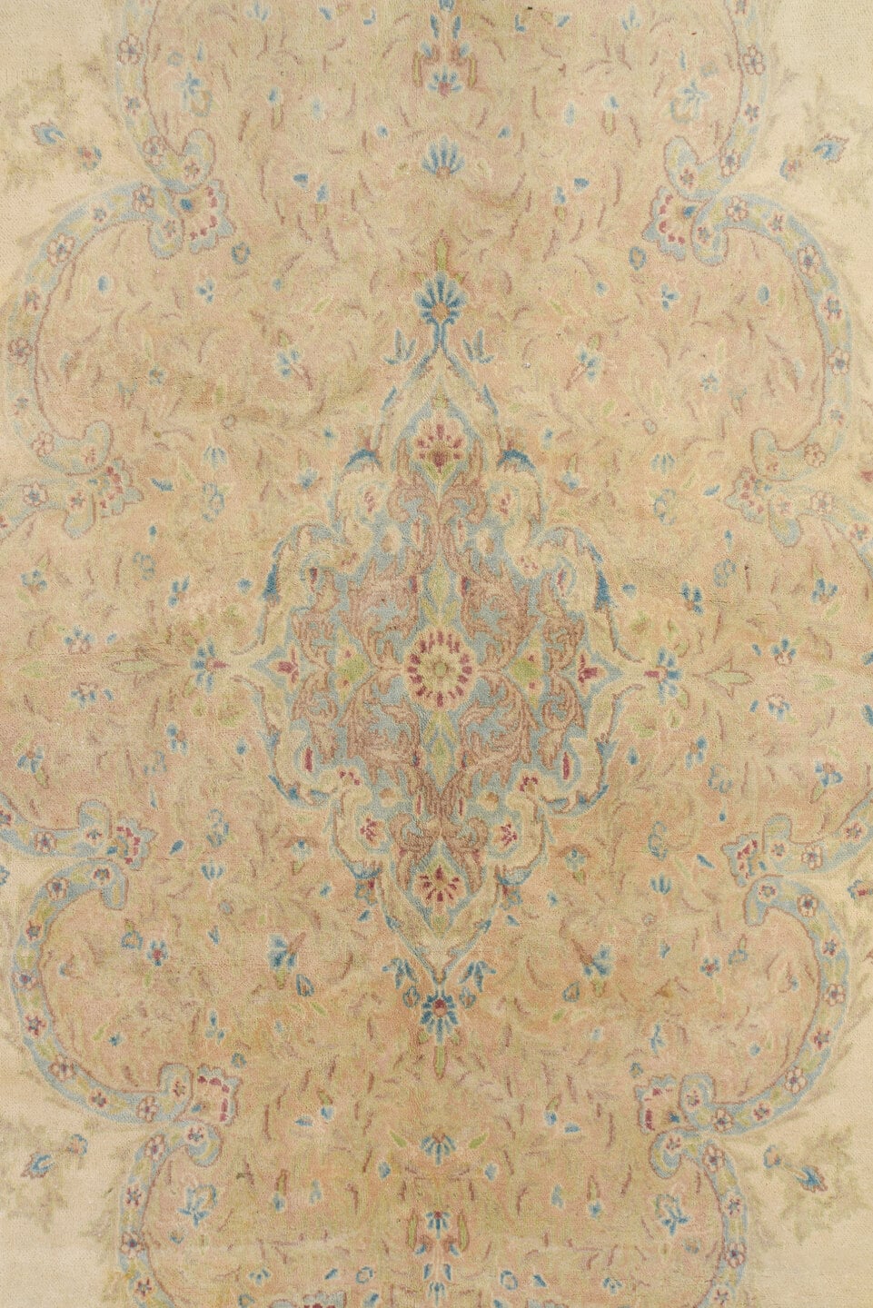 12' x 19' one-of-a-kind handmade vintage Kerman oversize rug. Color palette: ivory, beige, sky blue, taupe, blush, cream