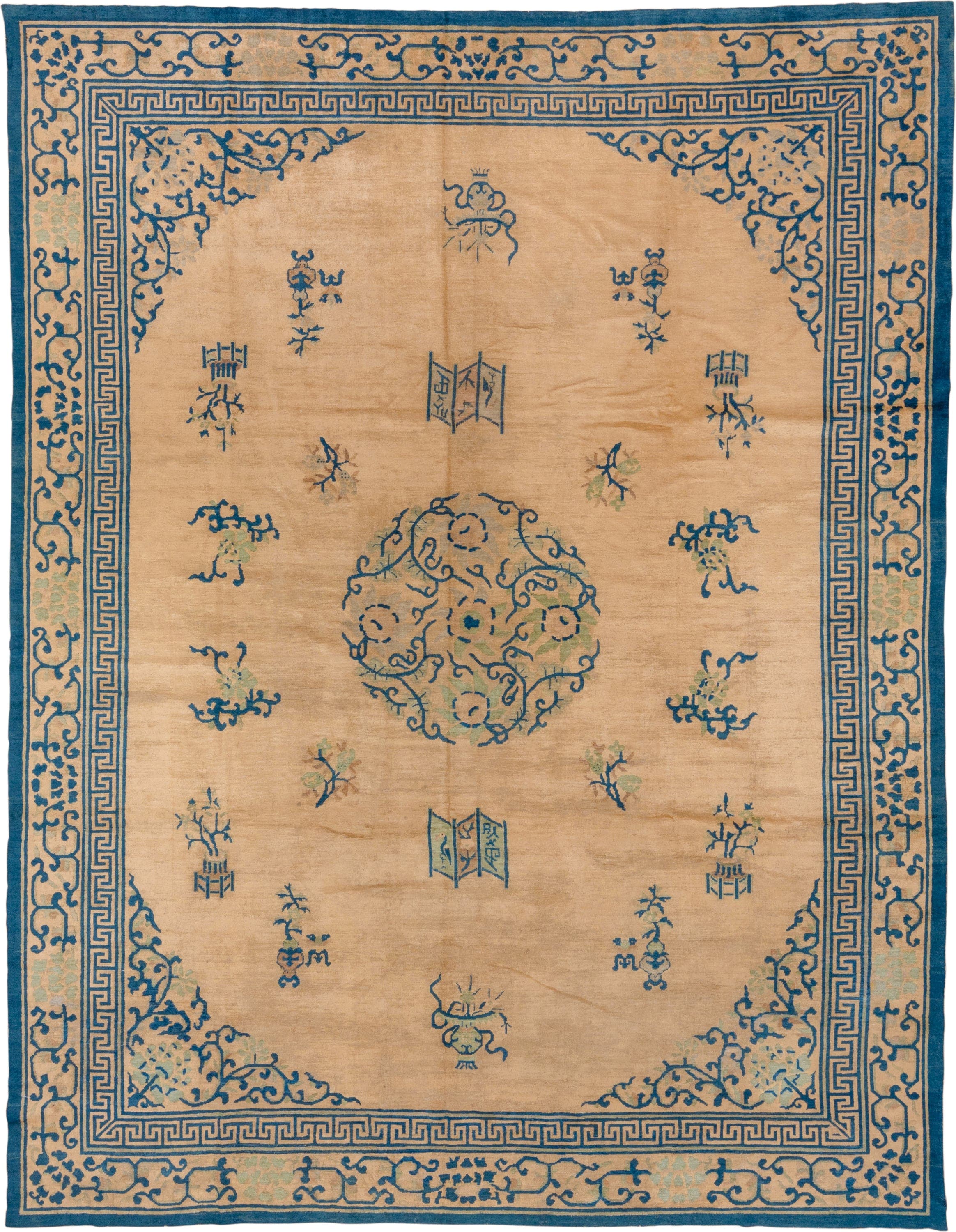 8' x 11' one-of-a-kind handmade antique Chinese large size rug. Color palette: camel, blue, ivory, sage, beige, green