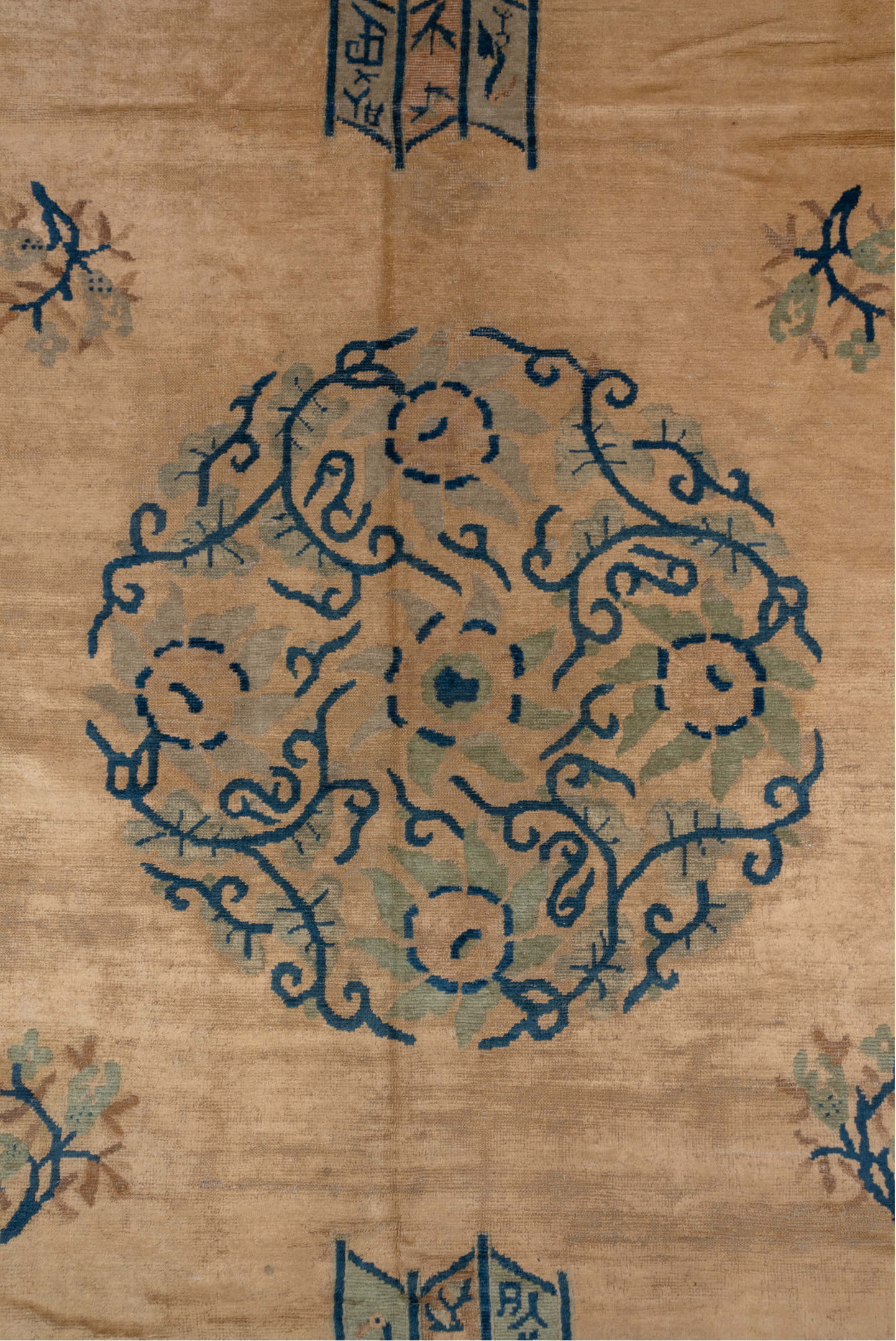 8' x 11' one-of-a-kind handmade vintage Chinese large size rug. Color palette: arapawa, blue, brown, burlywood, dim gray