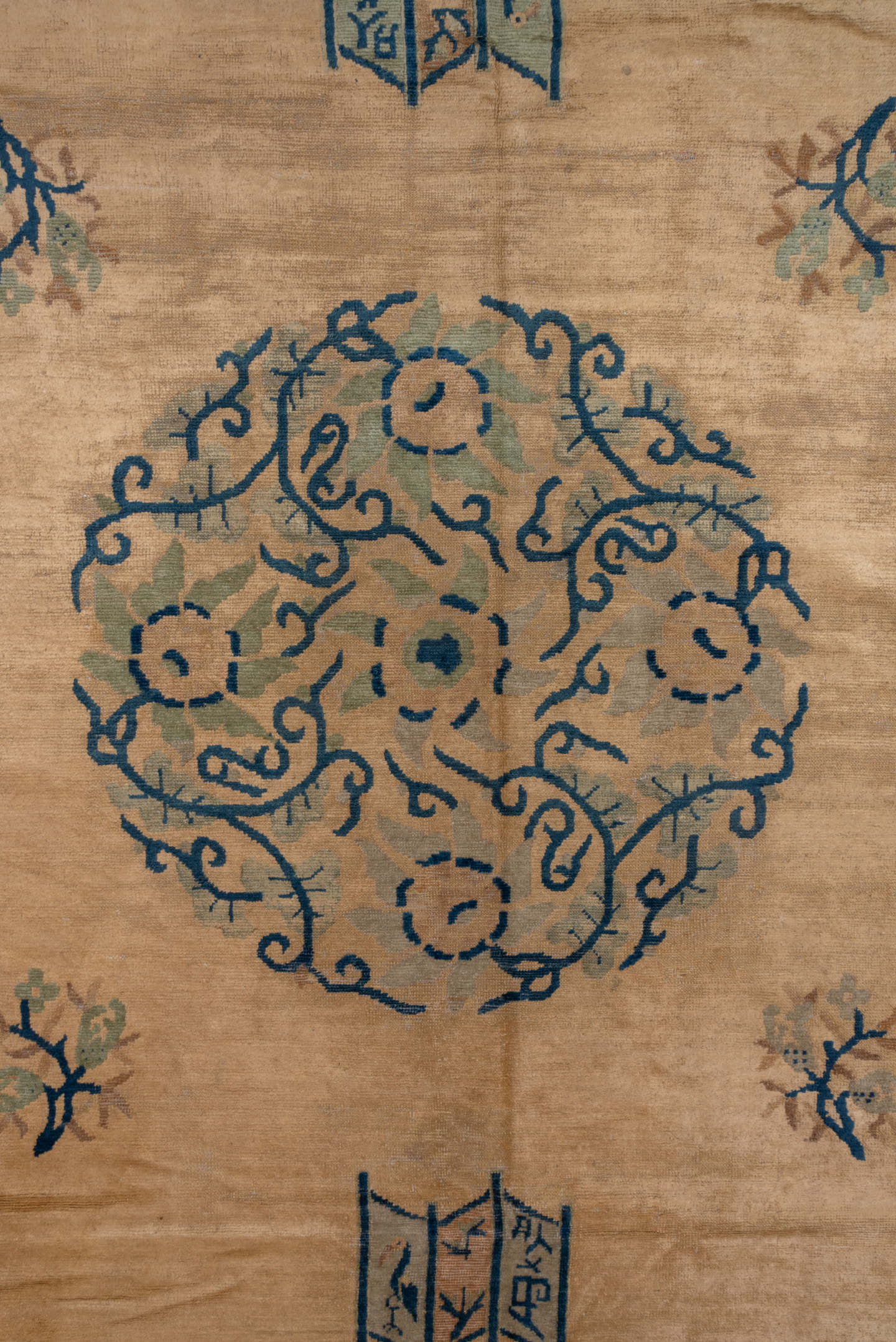 8' x 11' one-of-a-kind handmade antique Chinese large size rug. Color palette: camel, blue, ivory, sage, beige, green