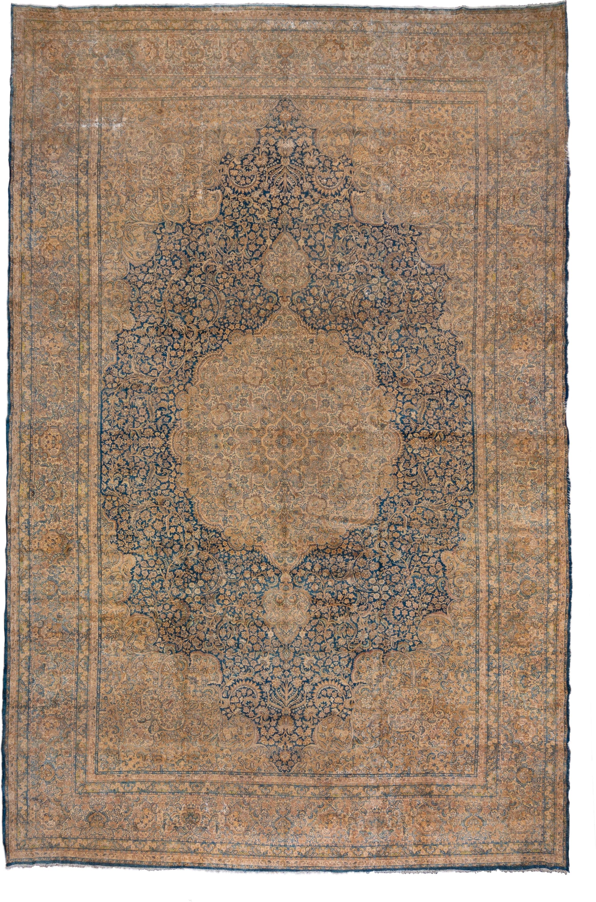 13' x 21' one-of-a-kind handmade antique Kerman oversize rug. Color palette: camel, navy, ivory, taupe, slate, beige, blue