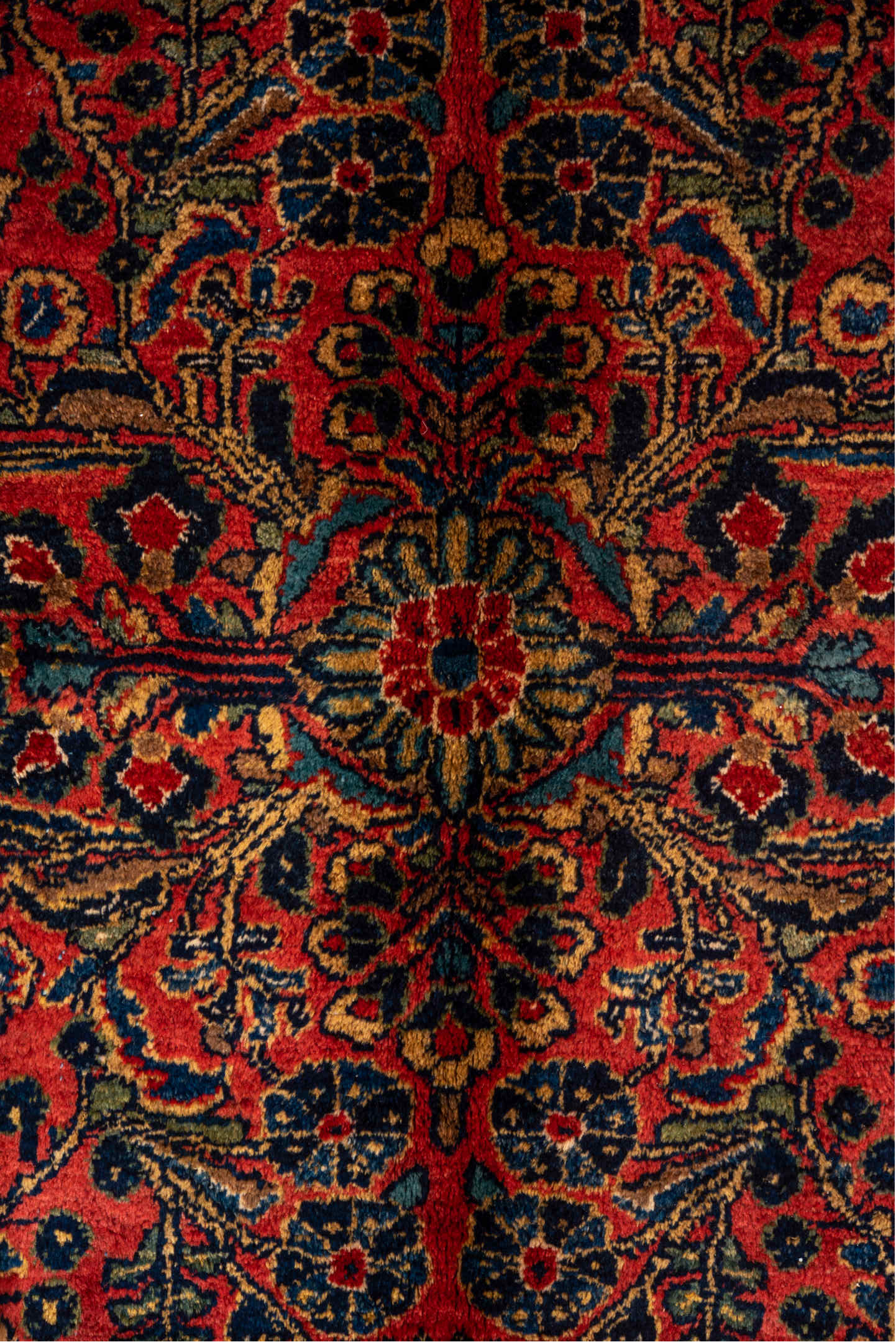 10' x 13' one-of-a-kind handmade antique Sarouk large size rug. Color palette: red, navy, rust, ivory, gold, coral, slate