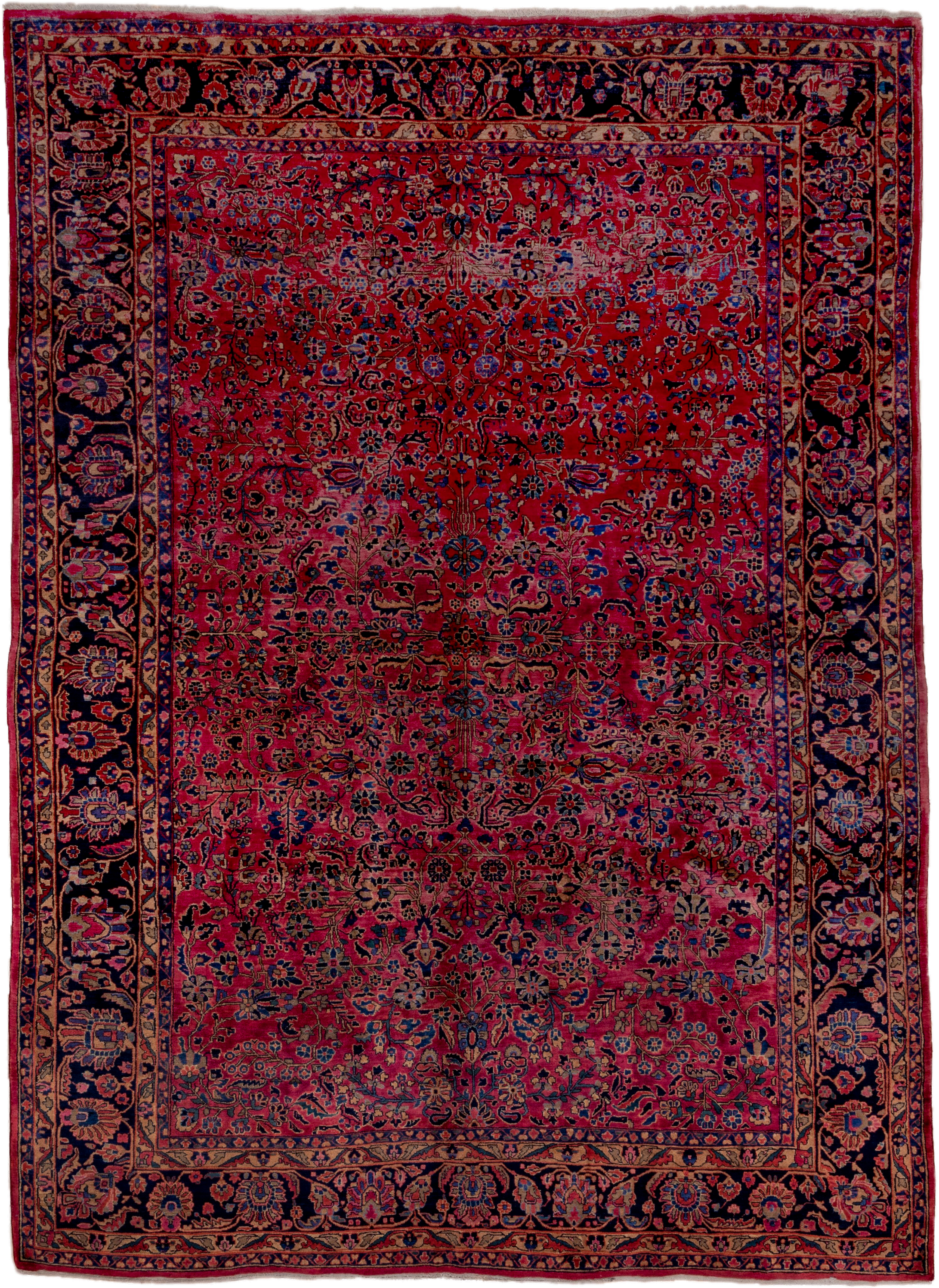 9' x 12' one-of-a-kind handmade antique Sarouk large size rug. Color palette: red, navy, rose, ivory, burgundy, cobalt