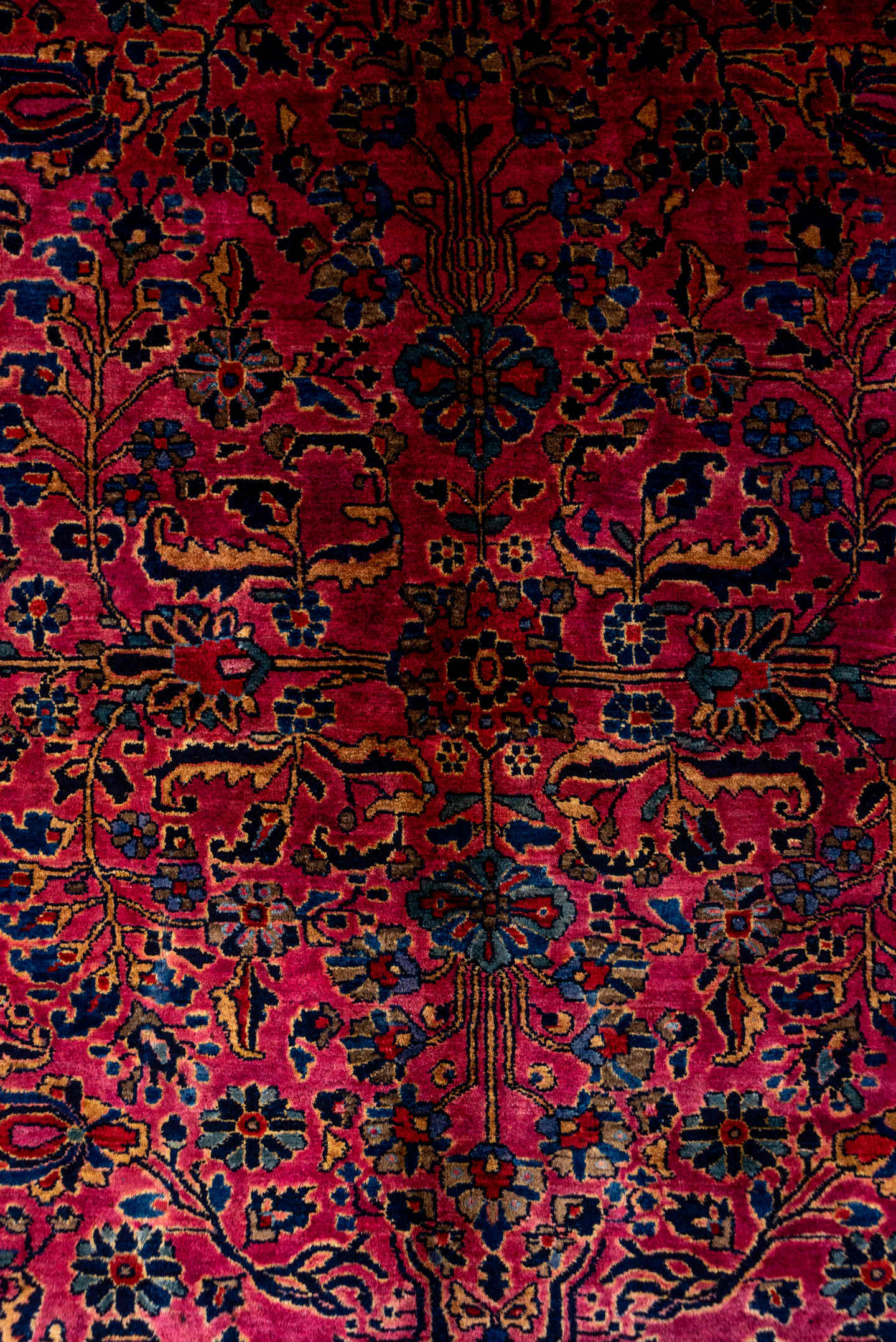 9' x 12' one-of-a-kind handmade antique Sarouk large size rug. Color palette: red, navy, rose, ivory, burgundy, cobalt